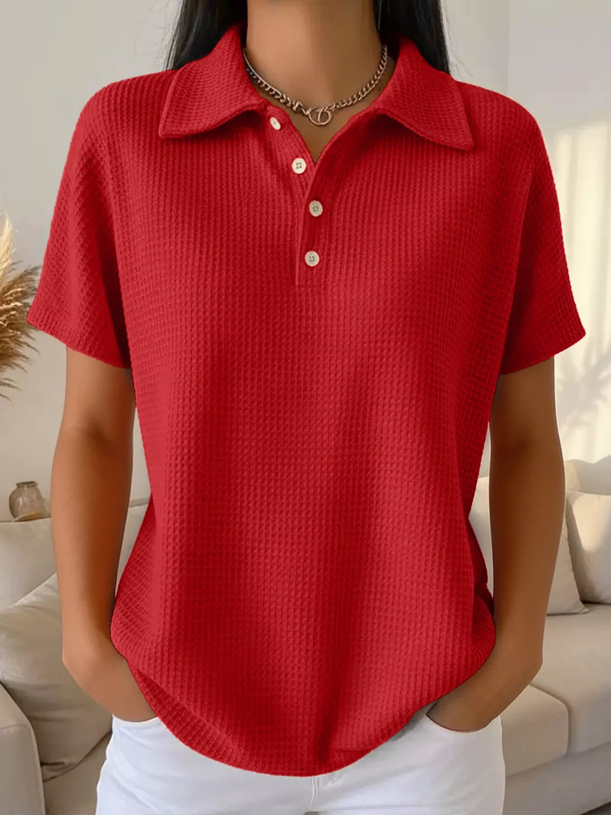 Waffle Knit Quarter-Button Polo T-Shirt — front view