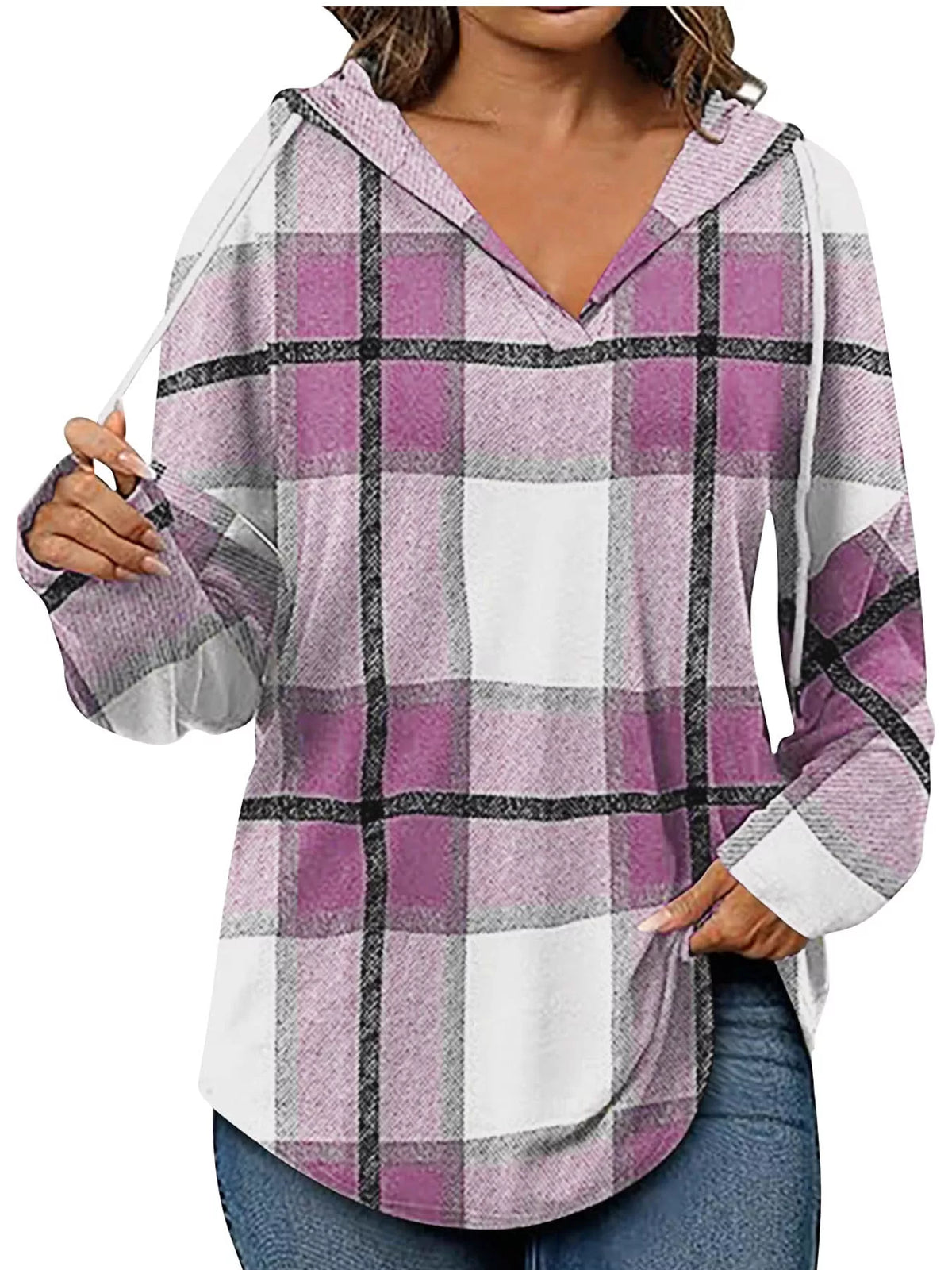 Pink plaid long sleeve hoodie with drawstring