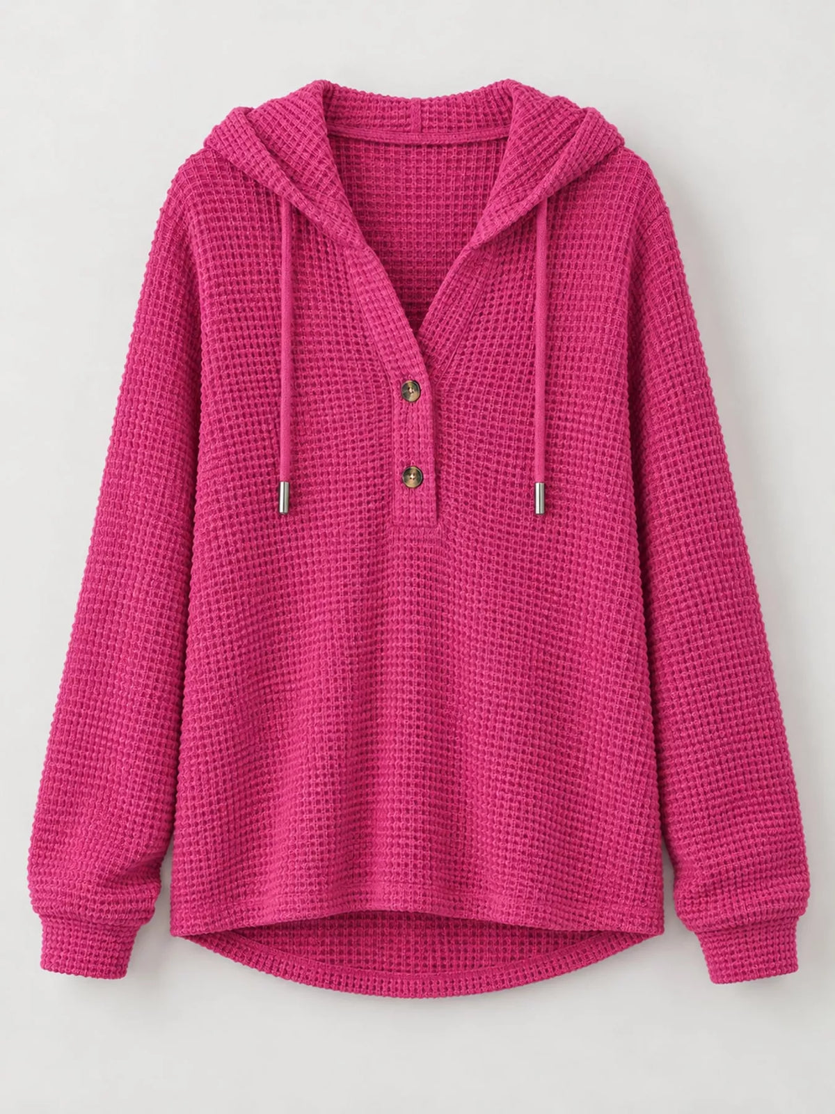 Hot pink waffle knit button-detail hoodie, product view