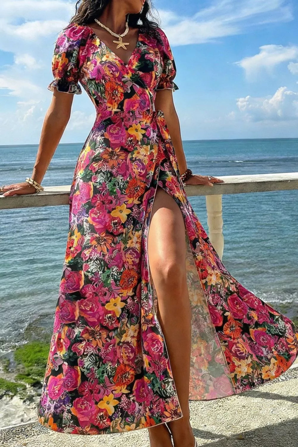 Trendsi Slit Floral Short Sleeve Maxi Dress -