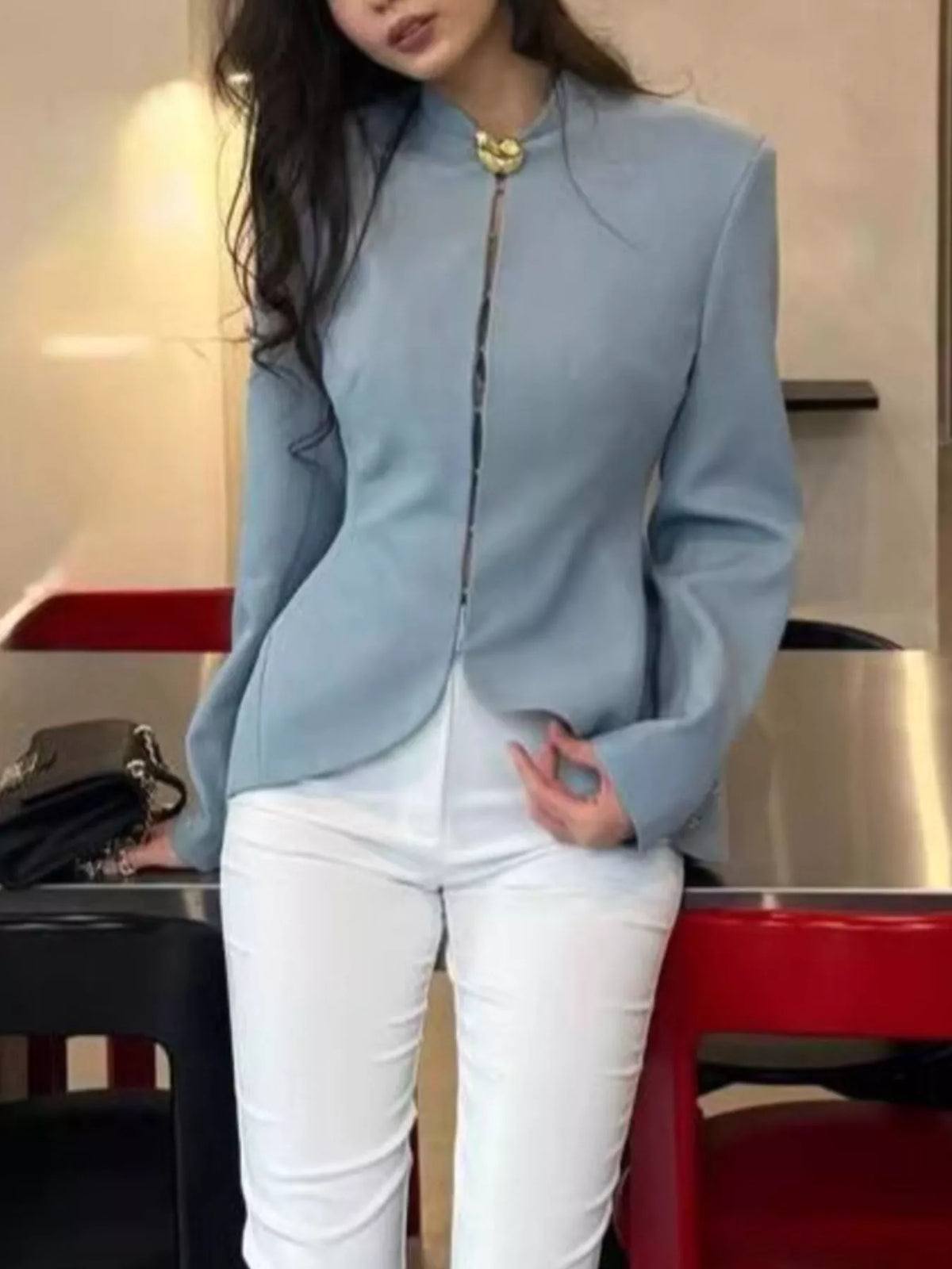 Round neck long sleeve blazer, side view