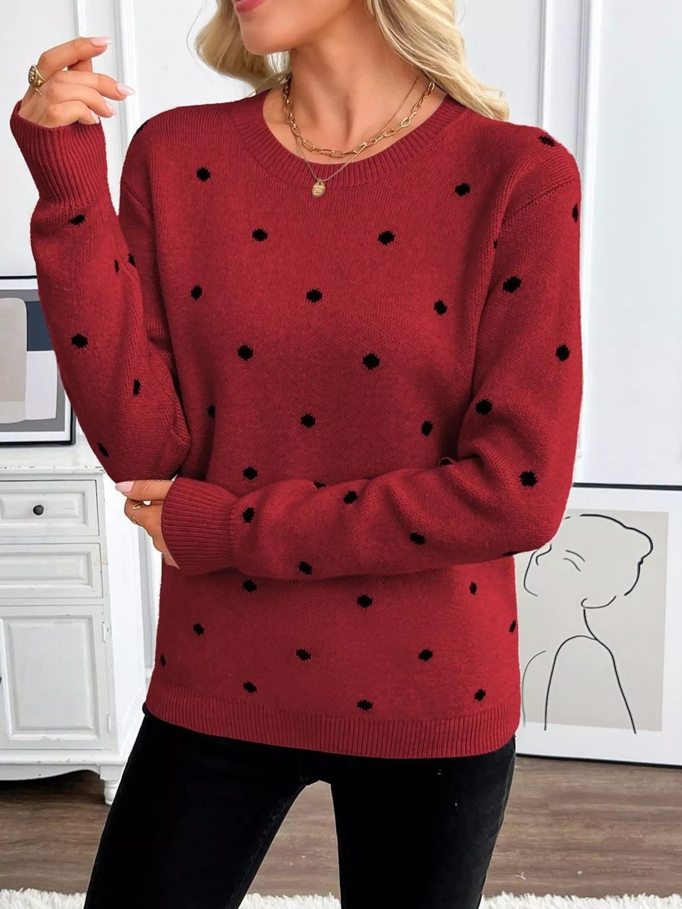 Trendsi Polka Dot Crew Neck Sweater -