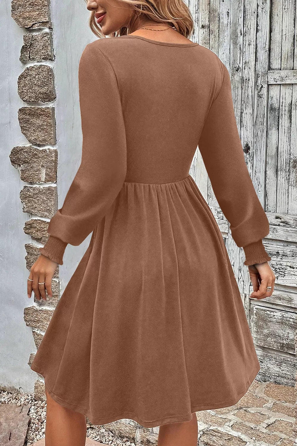Trendsi Shirred Cuff Long Sleeve Button Round Neck Mini Dress -