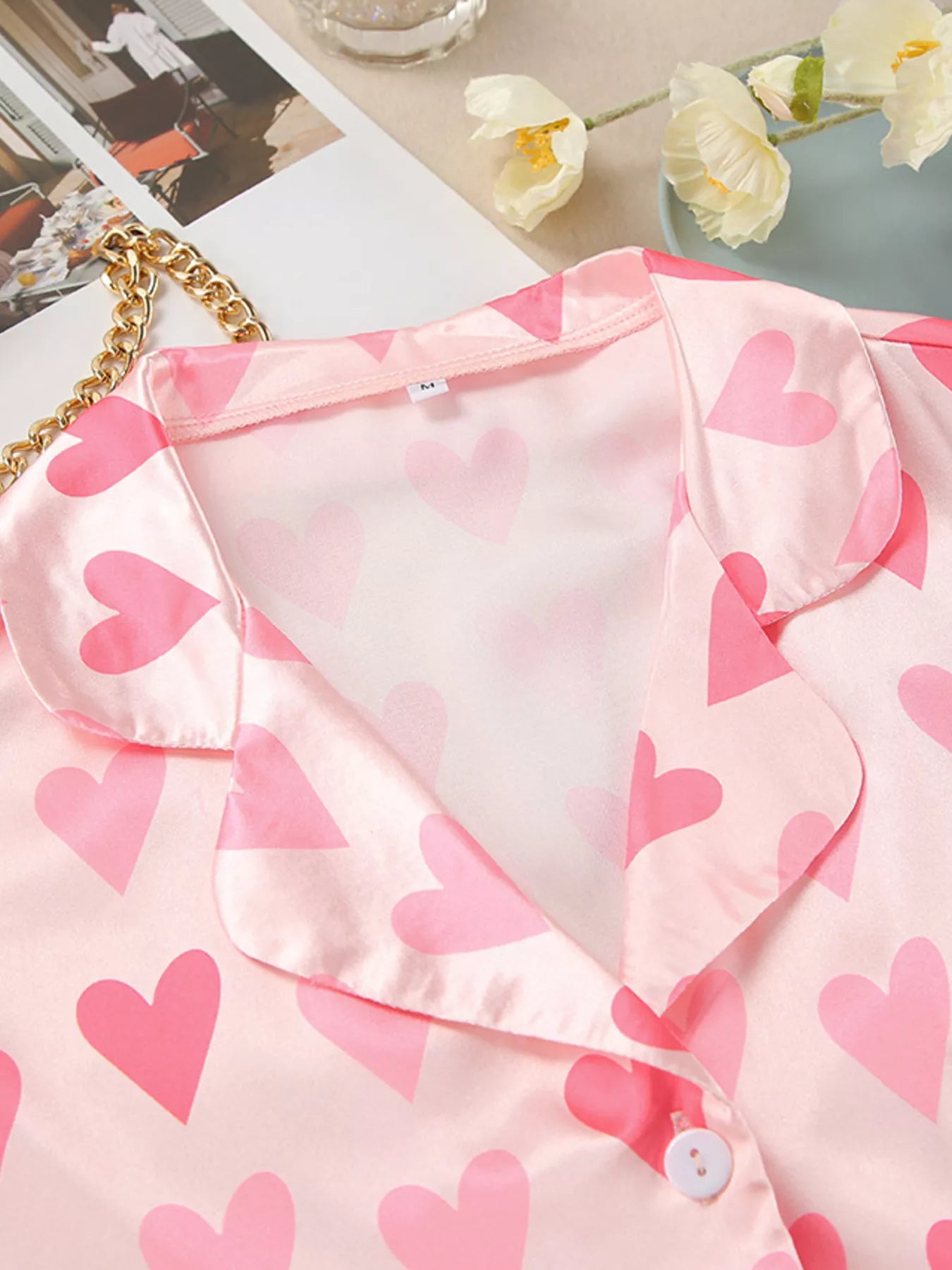 Trendsi Heart Print Button Up Top and Pants Lounge Set -