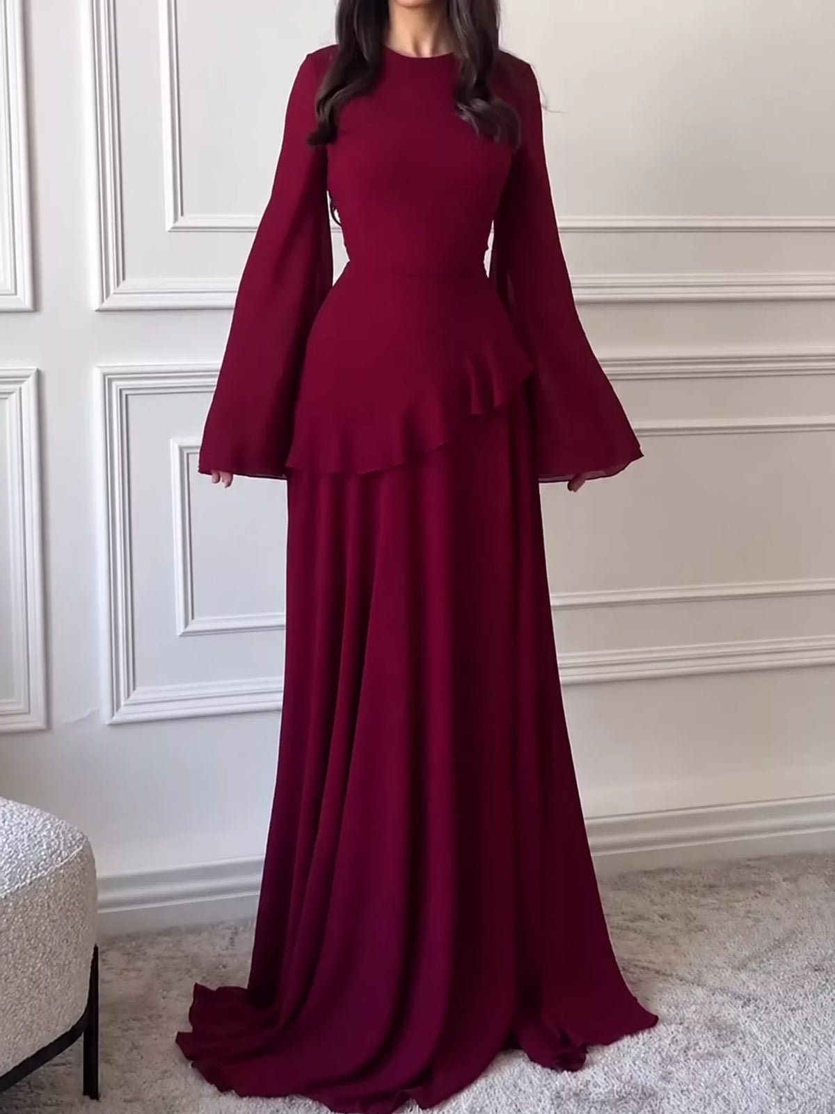 Red ruffled flare sleeve maxi dress, front view