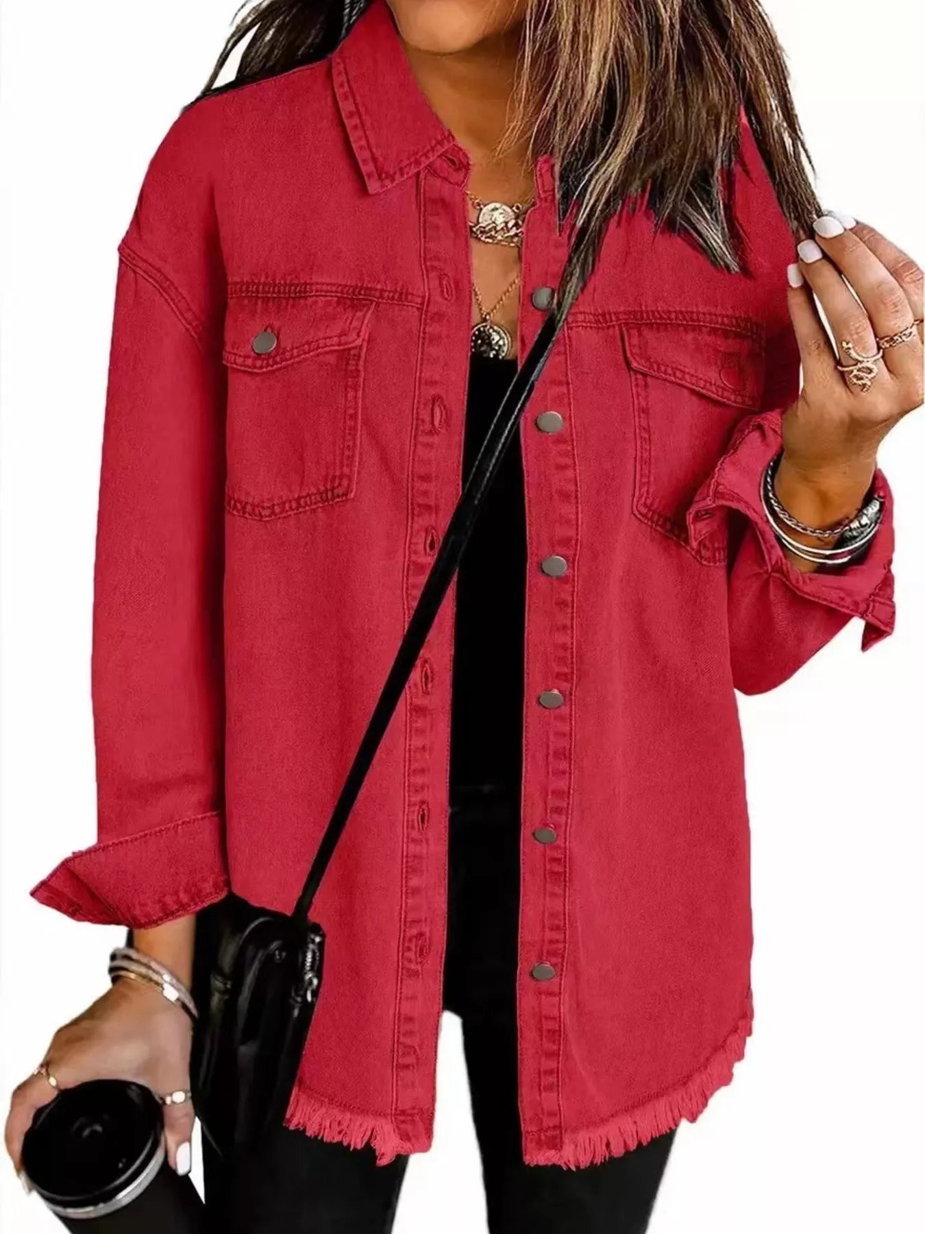 Trendsi Frayed Hem Button Up Denim Jacket -