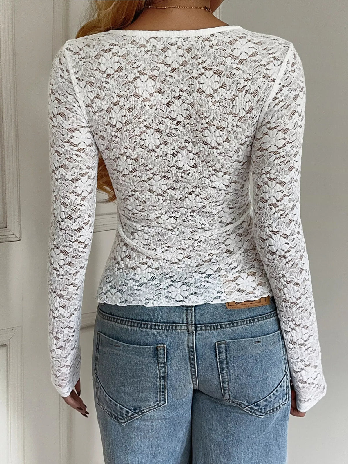Floral Lace V-Neck Long Sleeve Peplum Blouse, back view