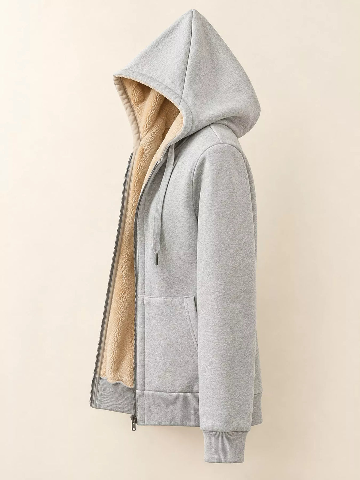 Fleece-Lined Thermal Zip-Up Hoodie in light gray, side view