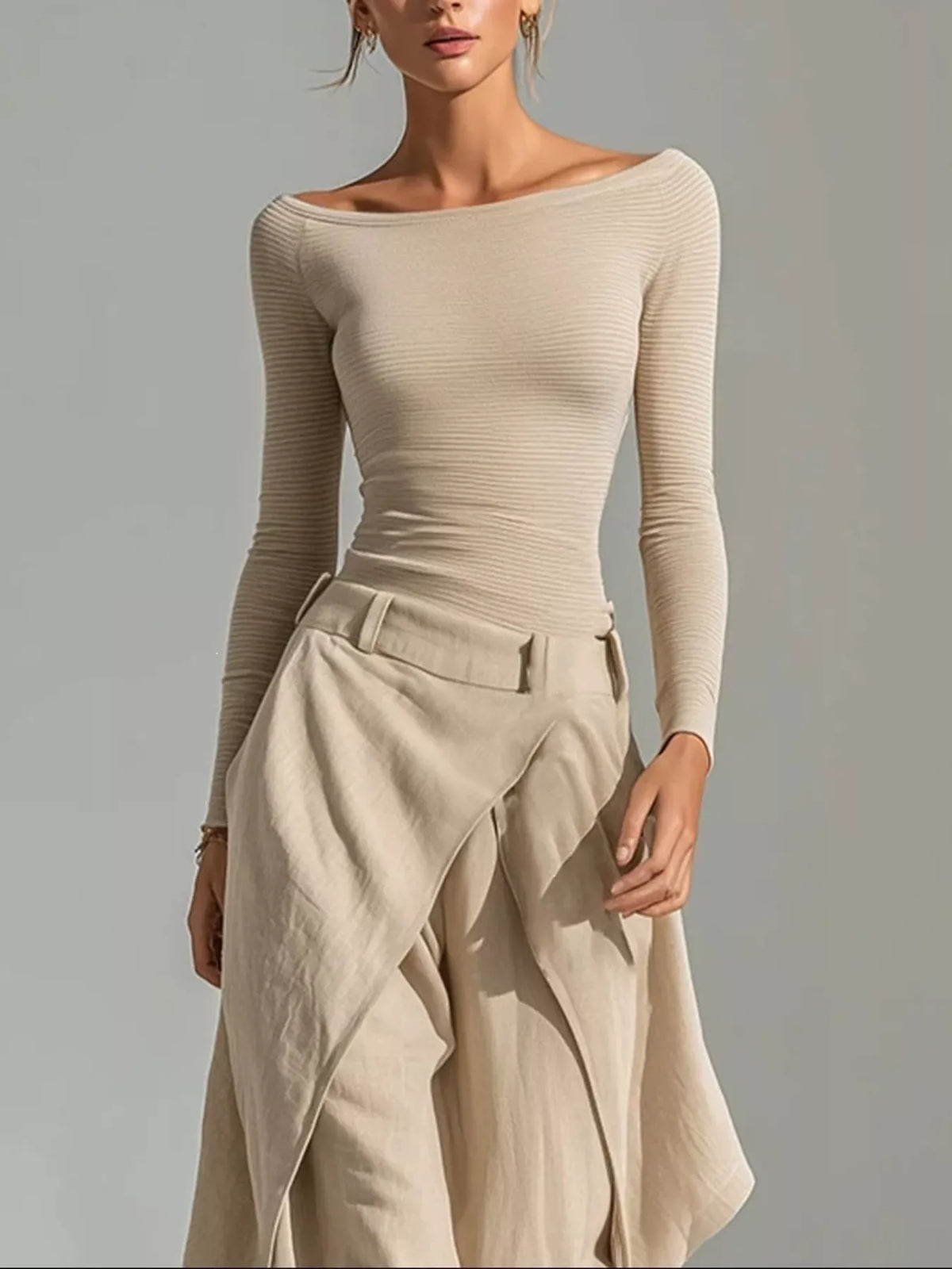 Boat-neck long sleeve top and wide-leg pants set