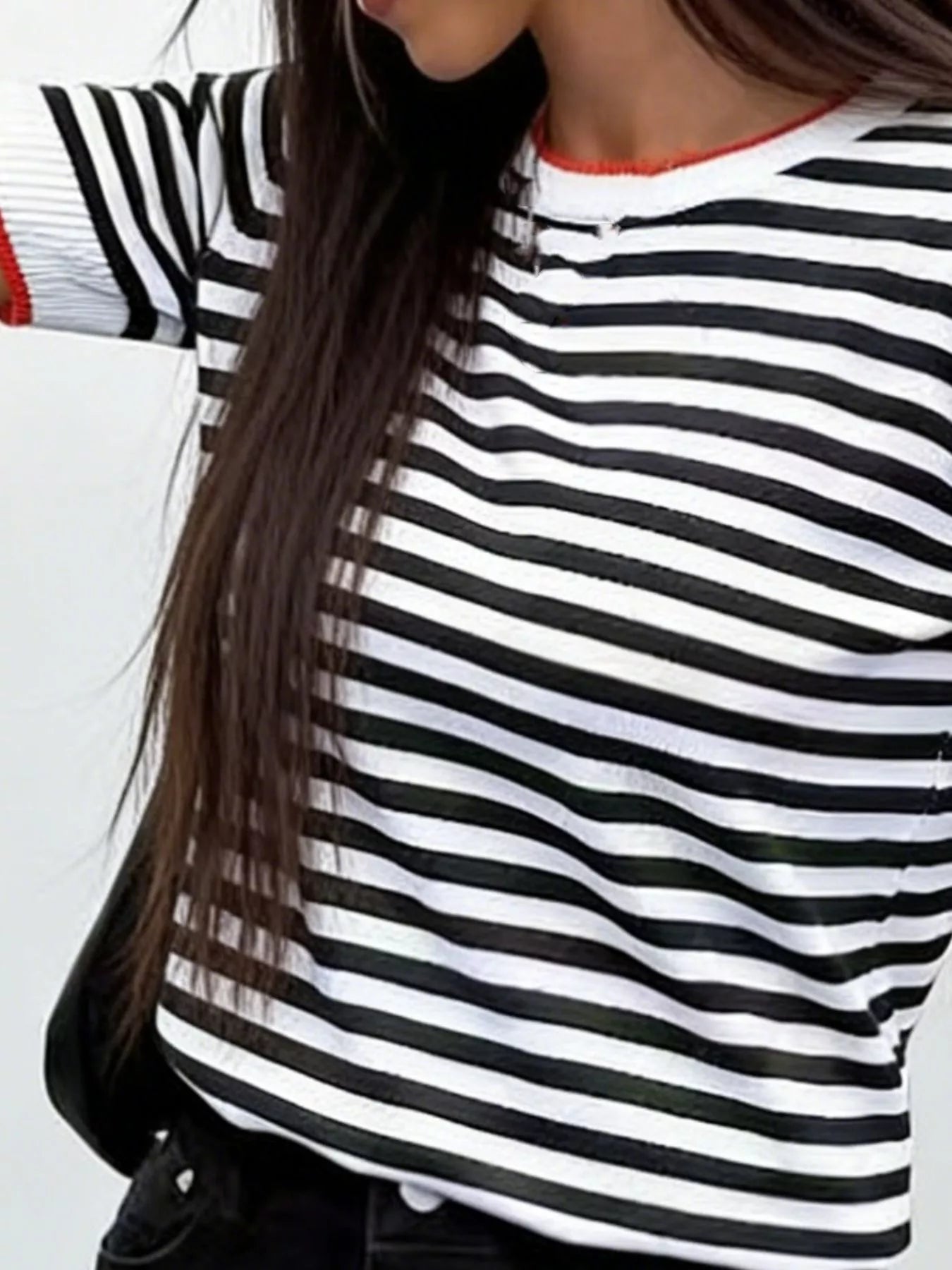 Trendsi Contrast Trim Striped Short Sleeve Knit Top -