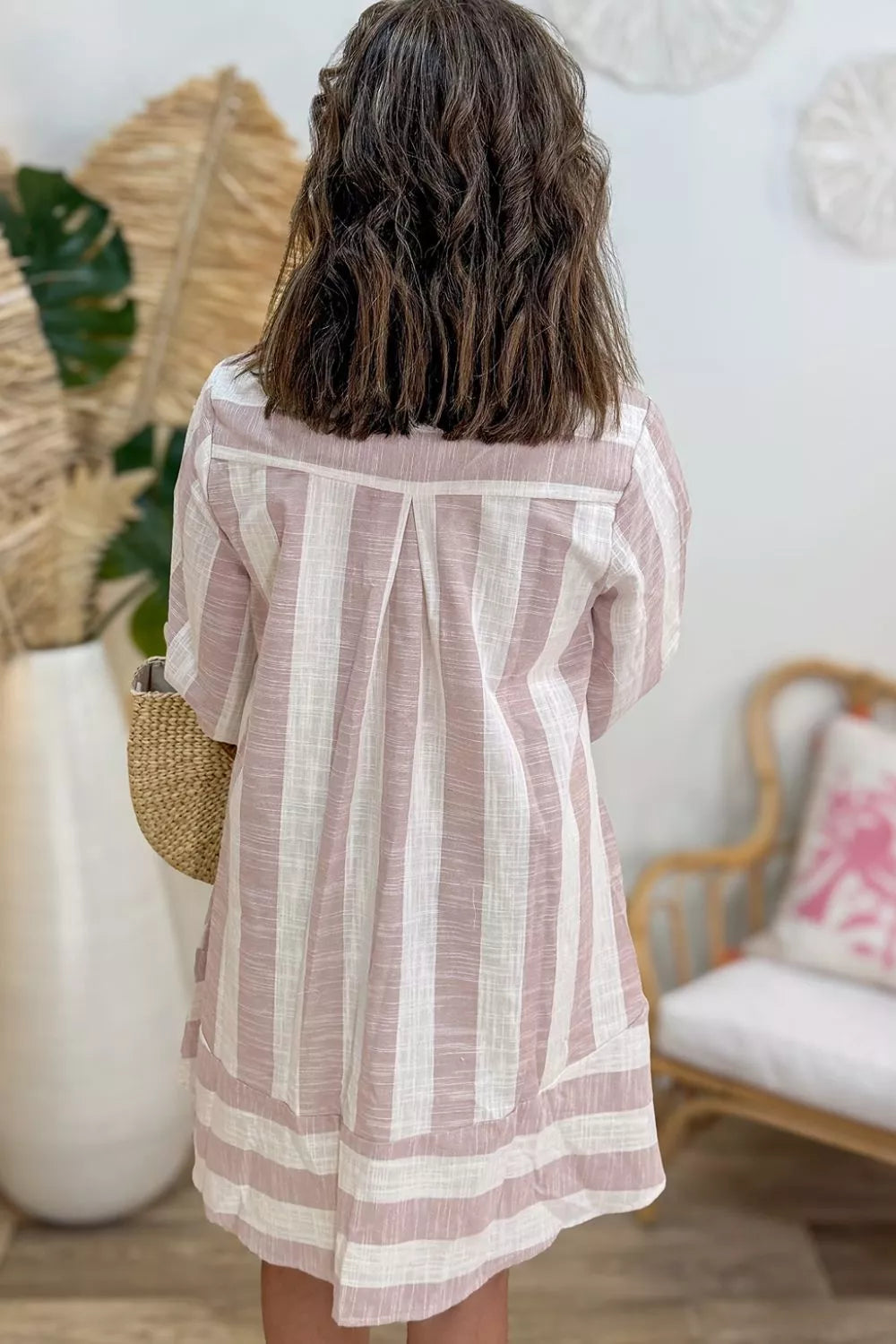 Trendsi Striped Button-Up Three-Quarter Sleeve Shift Dress - Dresses
