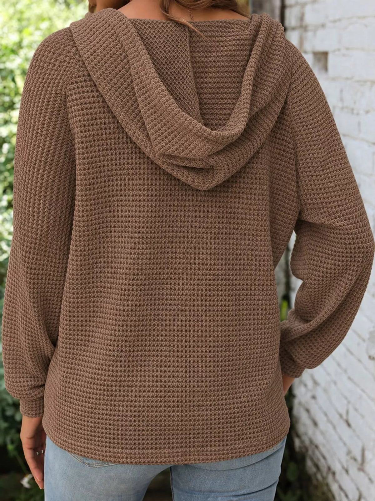 Taupe waffle knit button-detail hoodie, back view