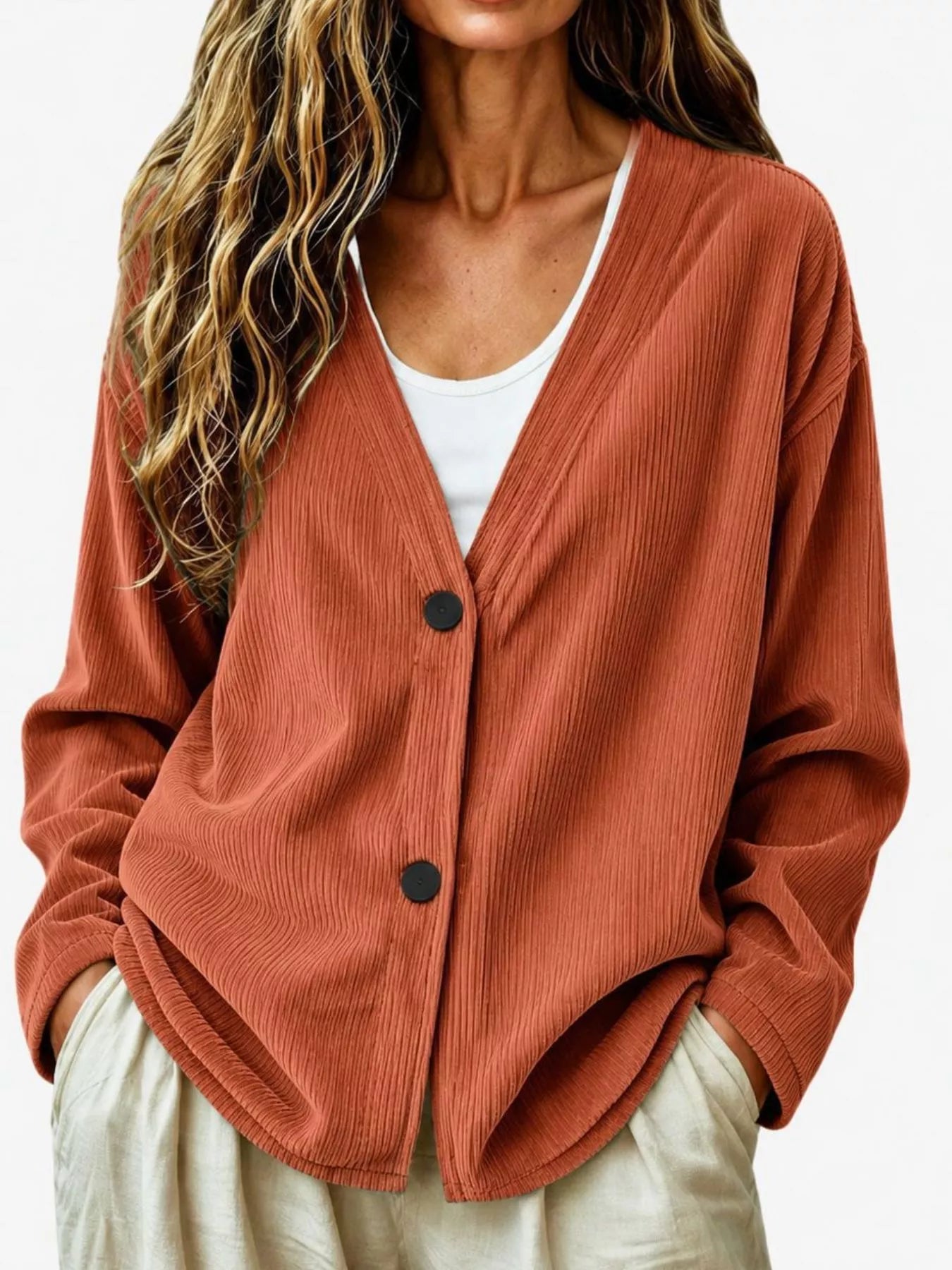 Trendsi Casual Corduroy Button-Up Cardigan -
