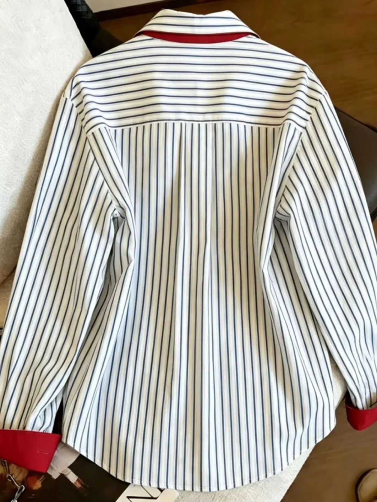 Contrast Trim Striped Long Sleeve Shirt, back view in red-trimmed stripes