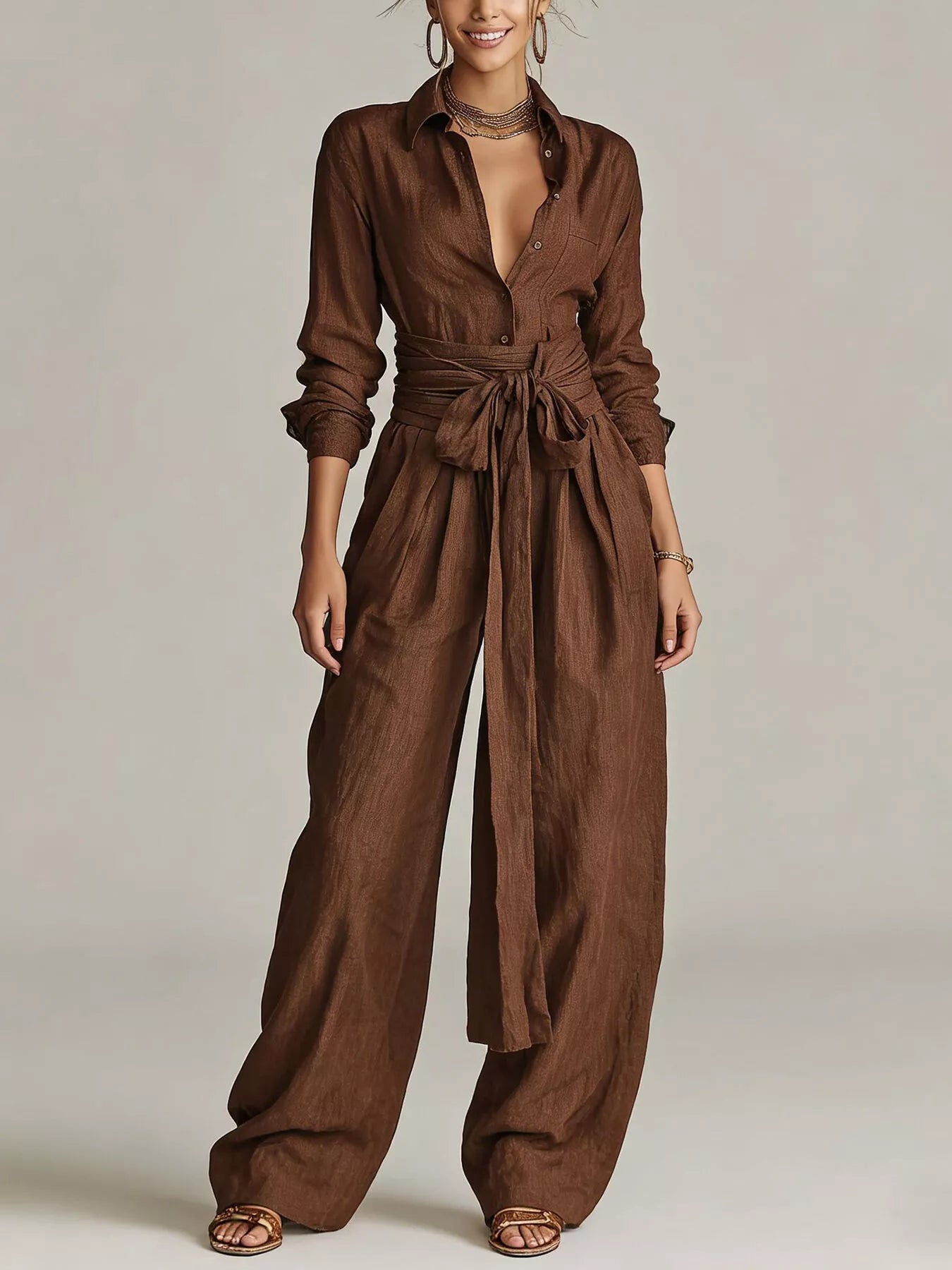 Trendsi Long-Sleeve Button-Down Waist-Tie Jumpsuit -