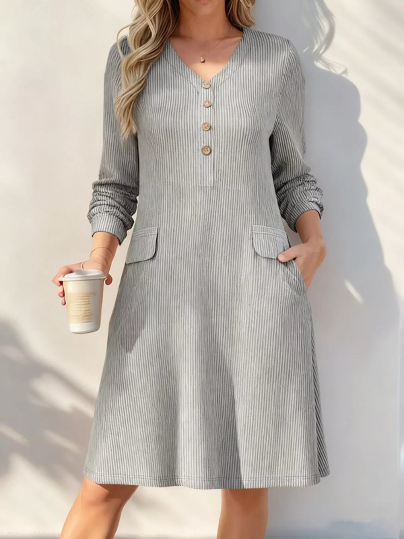 Trendsi Full Size Ribbed Knit V-Neck Dress Plus Size -