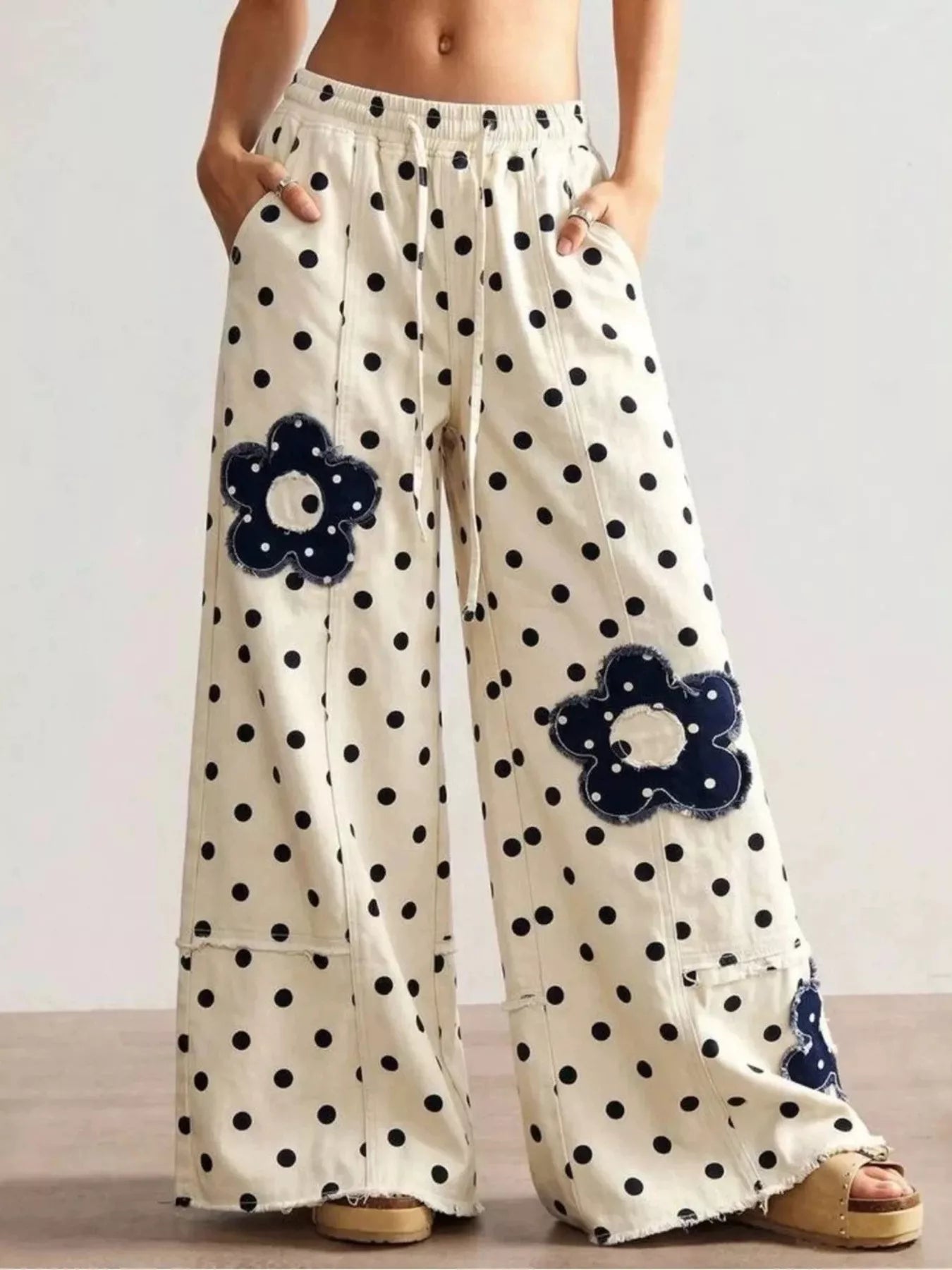 Trendsi Floral Applique Polka Dot Wide-Leg Jeans -