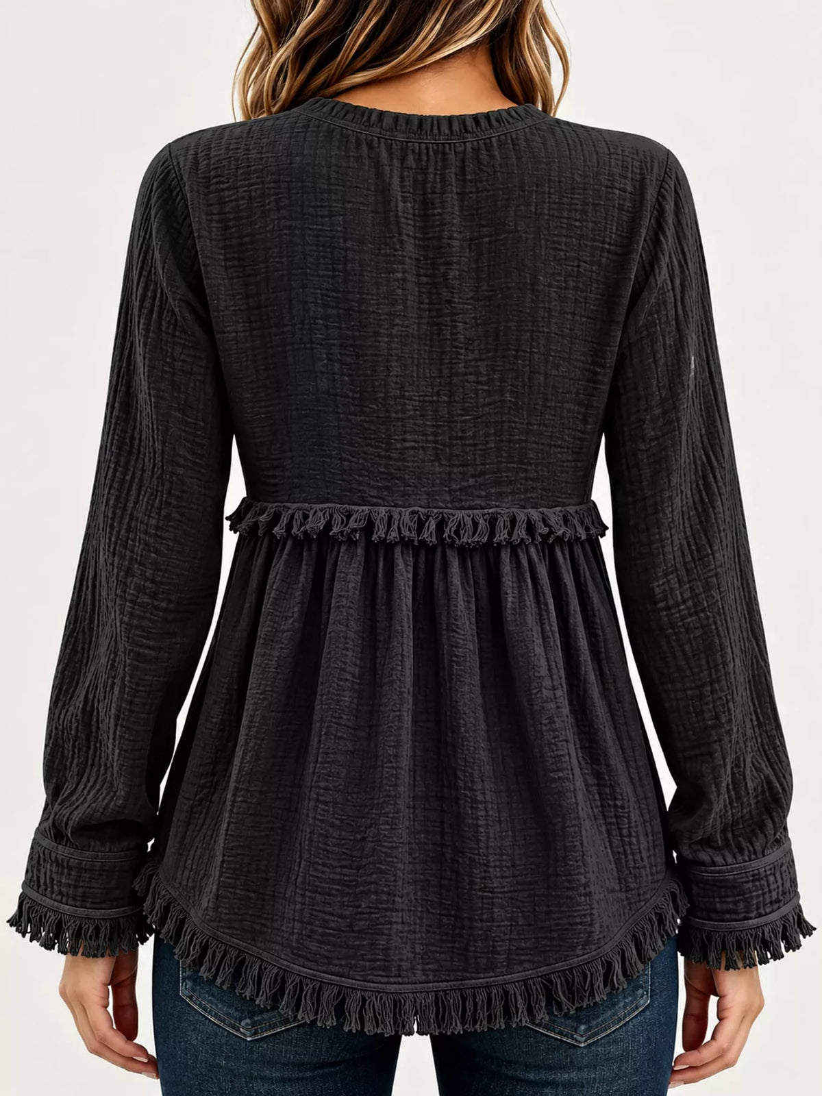 Frayed-hem blouse, black back