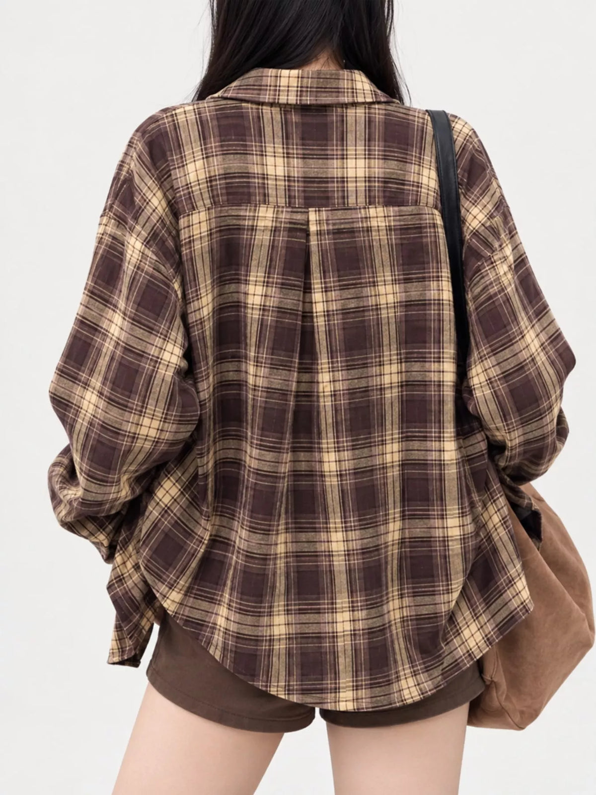 Brown and cream loose-fit plaid shirt, back view