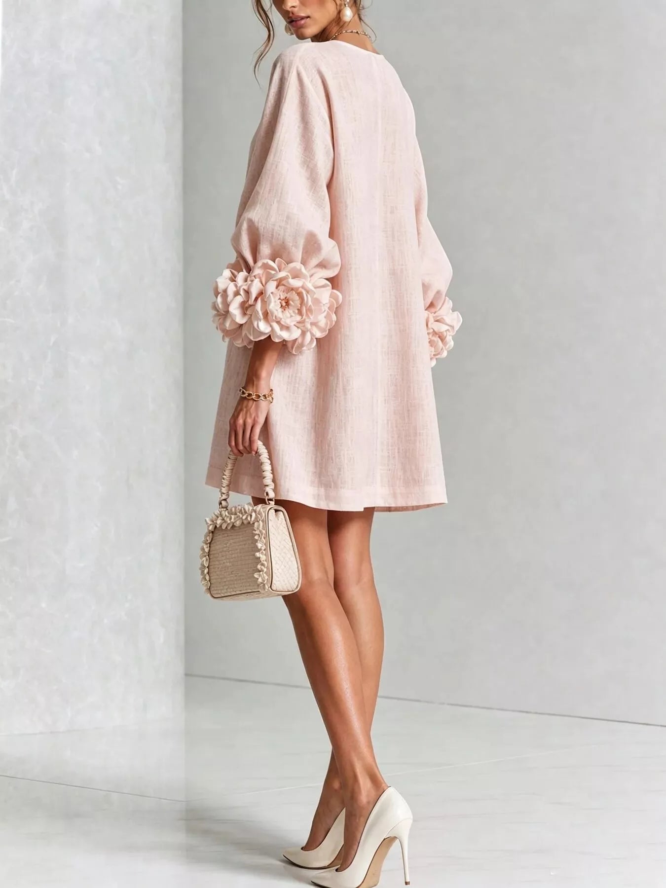 Trendsi 3D Floral 3/4 Sleeve Mini Dress -