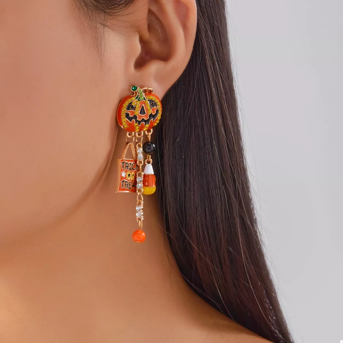 Trendsi Halloween Rhinestone Pumpkin Drop Earrings -
