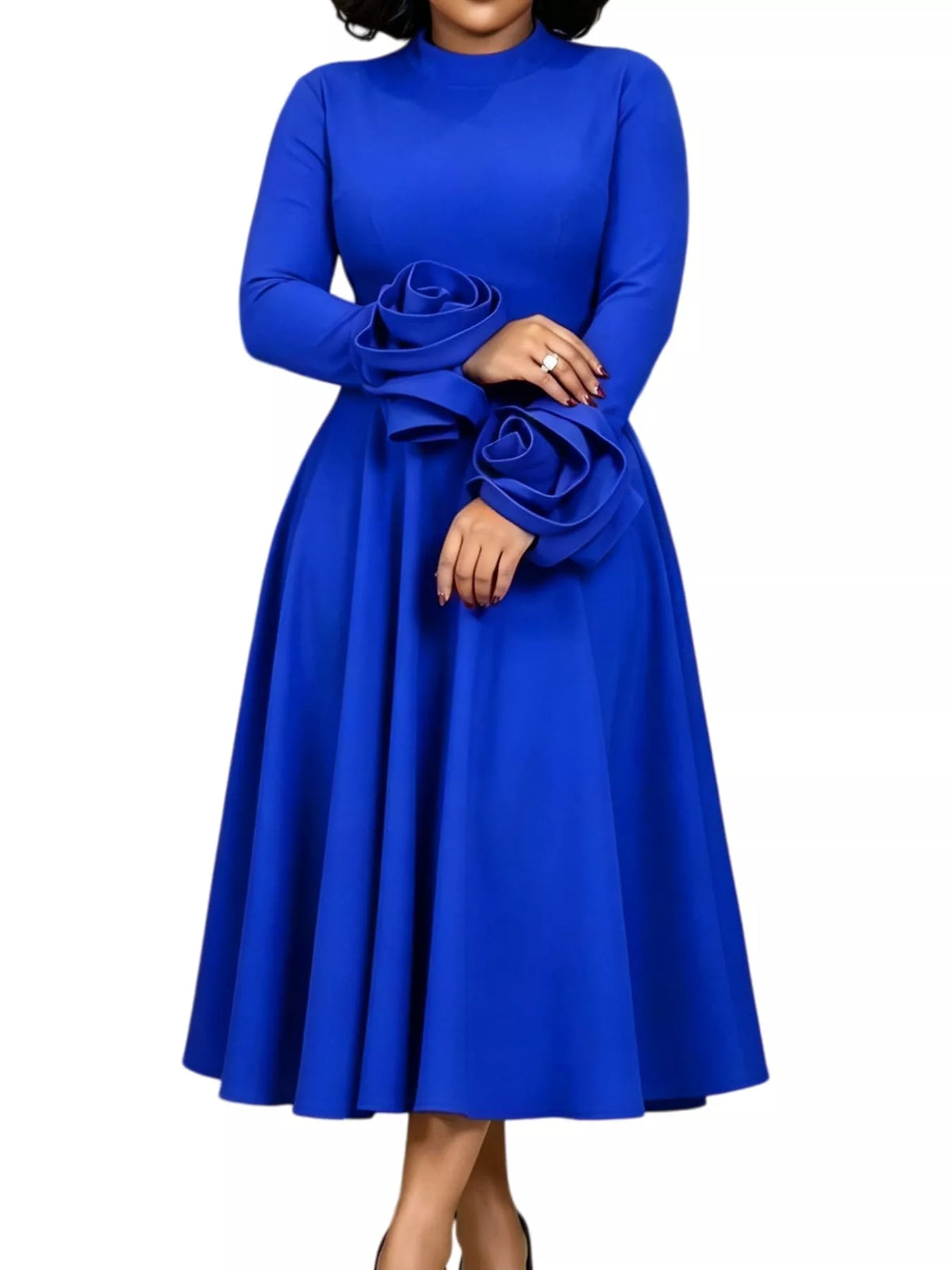 Mock neck long sleeve midi dress, construction and design details