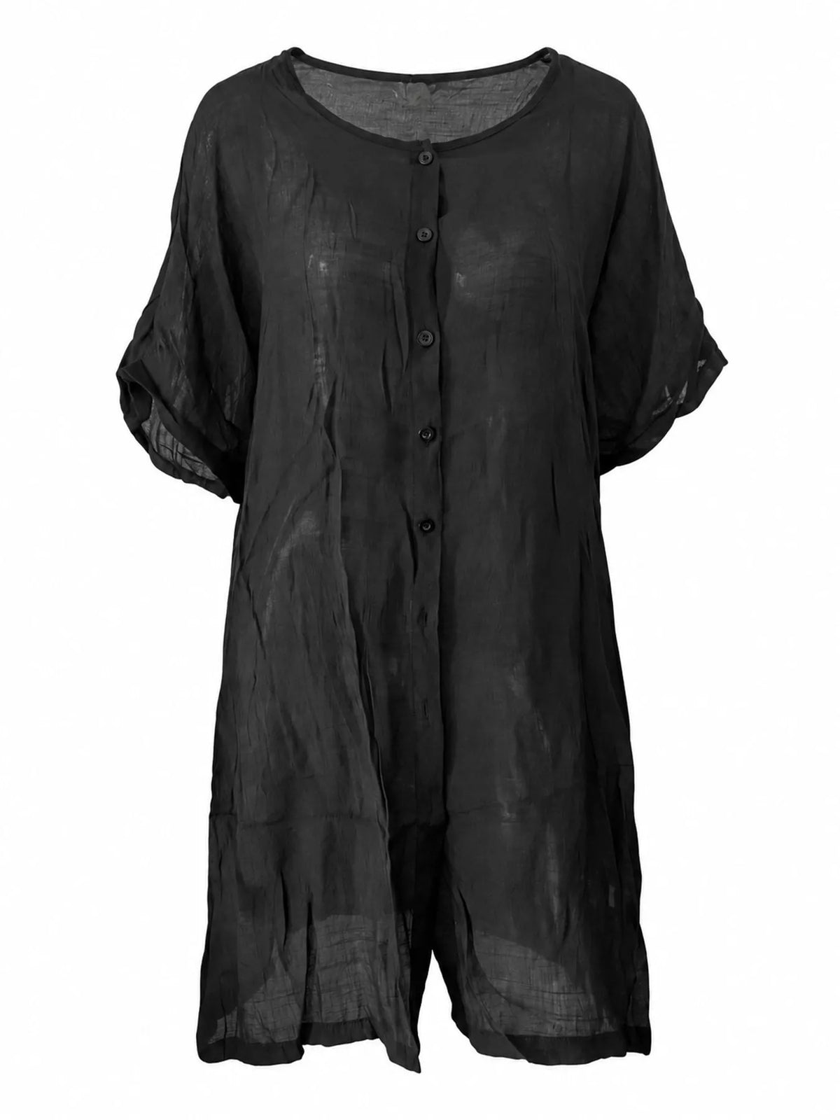 Linen-blend shirt, black buttoned front
