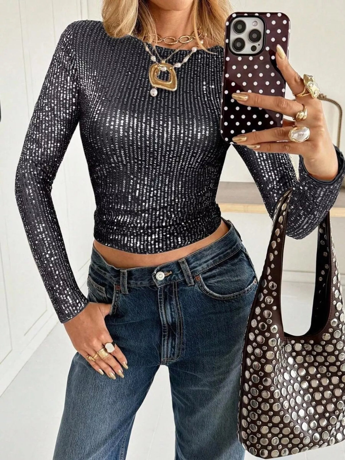 Black sequin long sleeve crop T-shirt