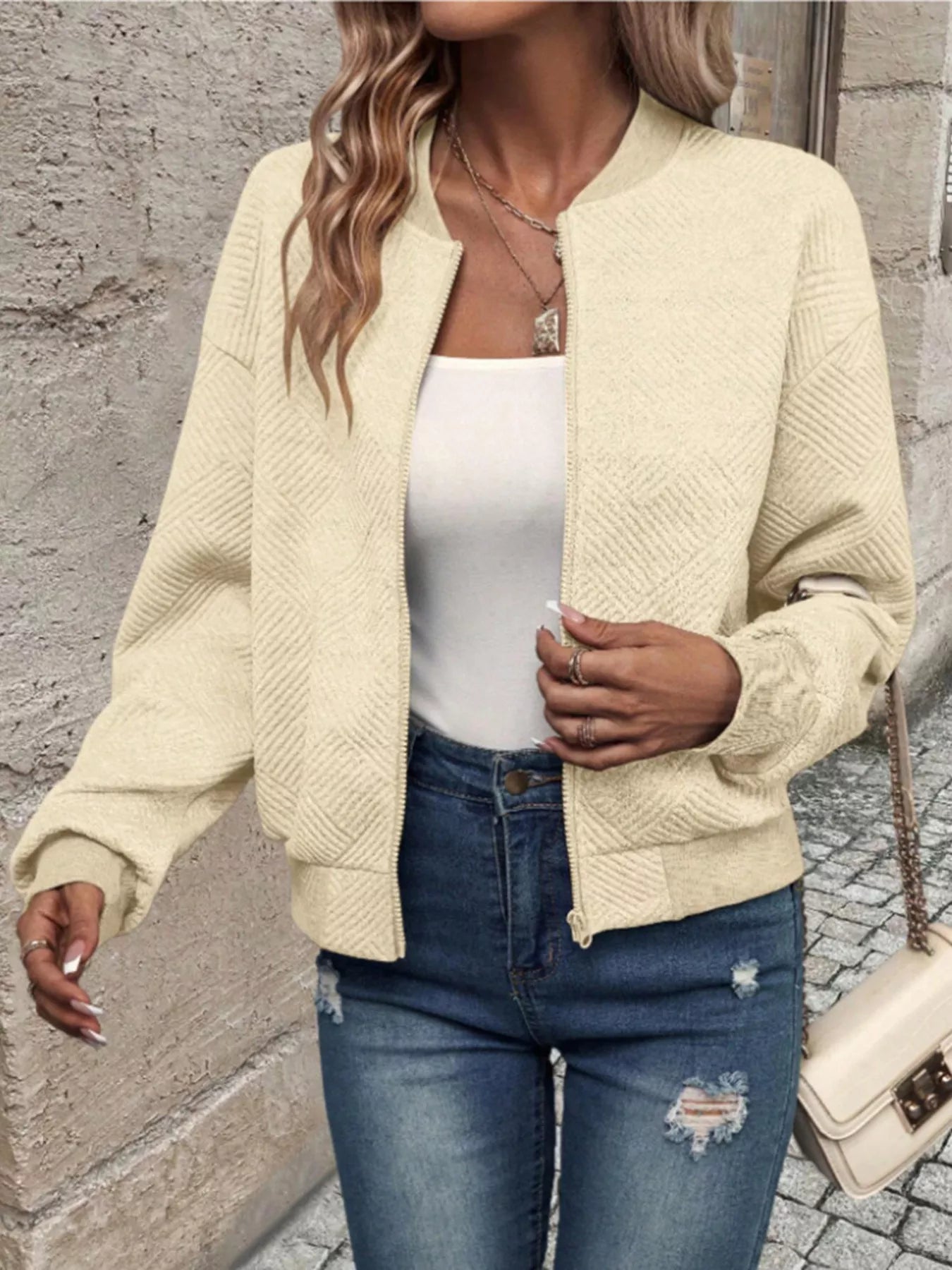Trendsi Textured Knit Zip-Up Bomber Jacket -