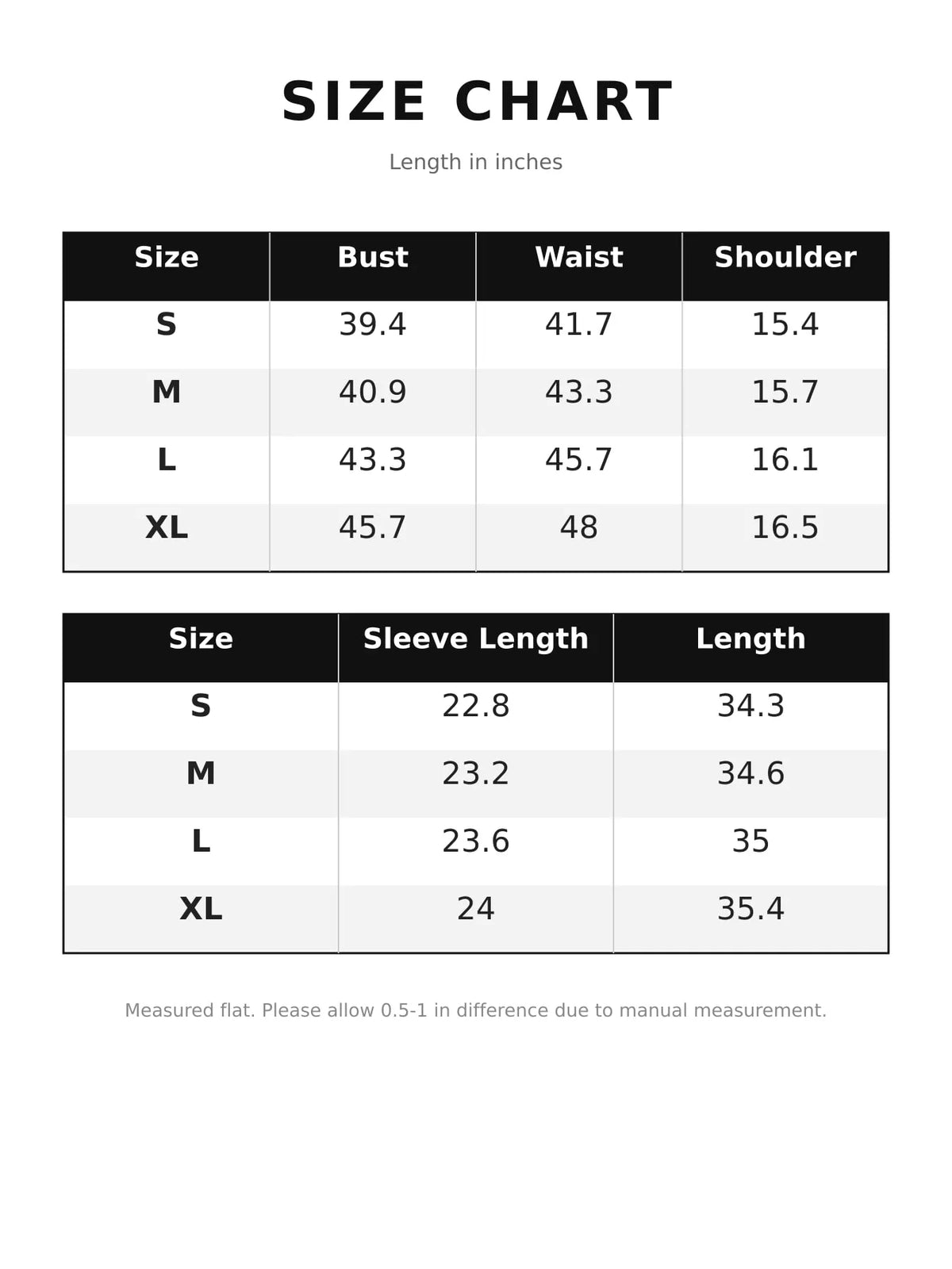 Size chart for denim shirt dress