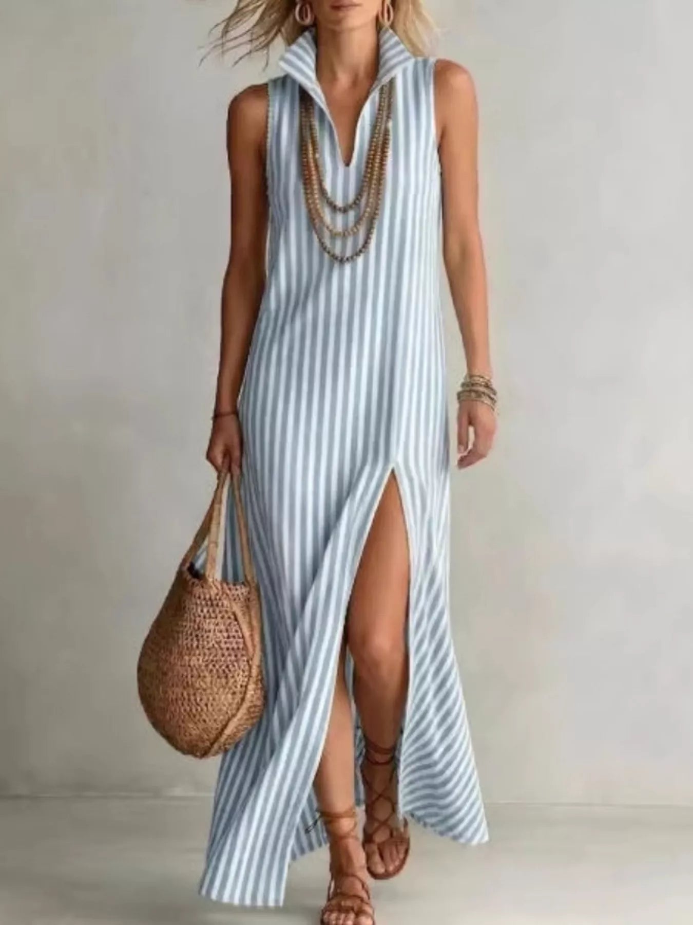 Trendsi Full Size Striped Maxi Dress with High Slit Plus Size -