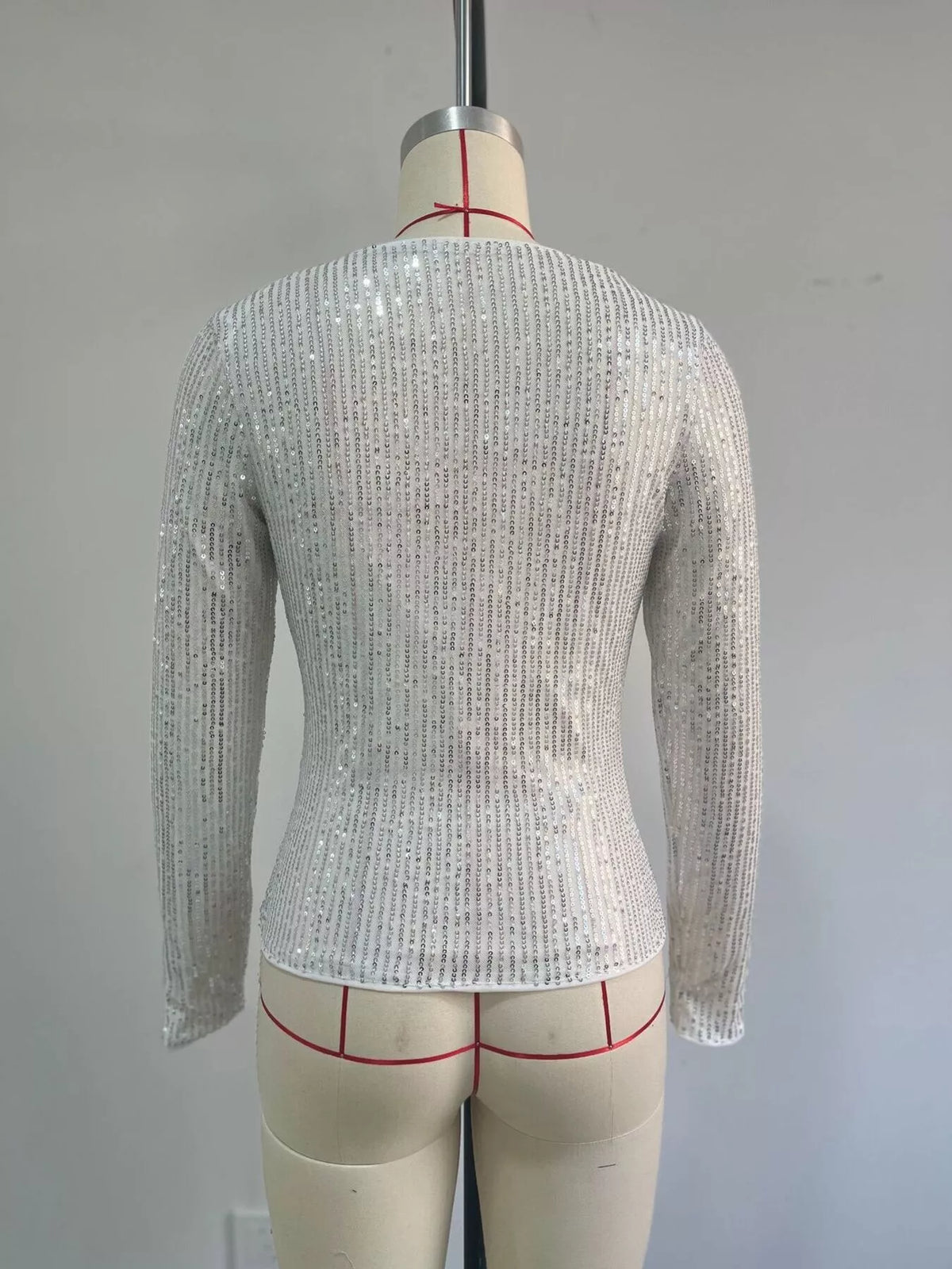 Silver sequin long sleeve crop T-shirt, back product view