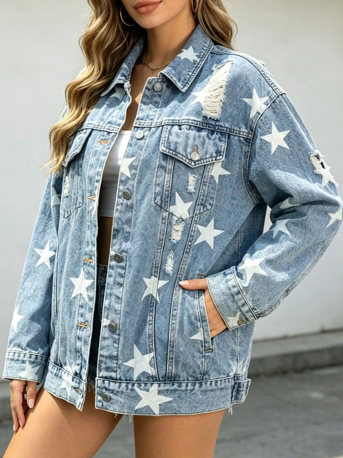Light blue star print distressed oversized denim jacket