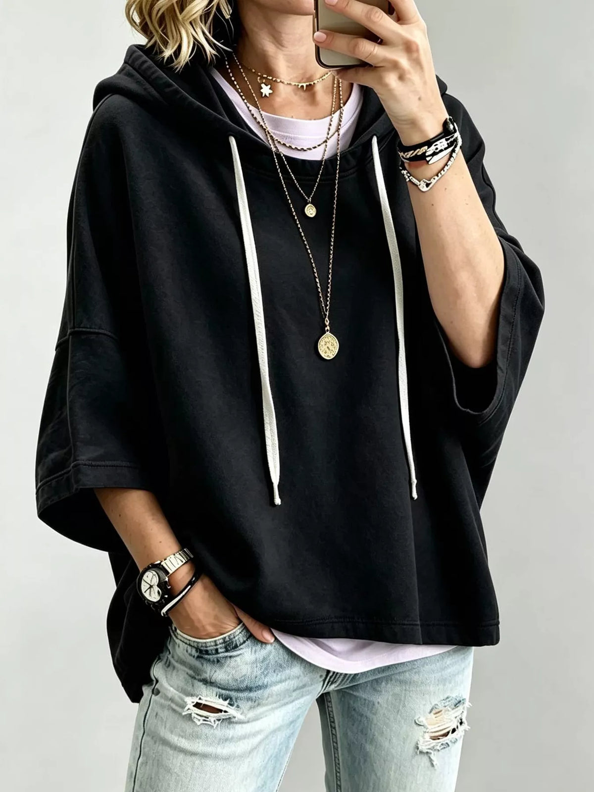 Trendsi Drawstring 3/4 Sleeve Hoodie -