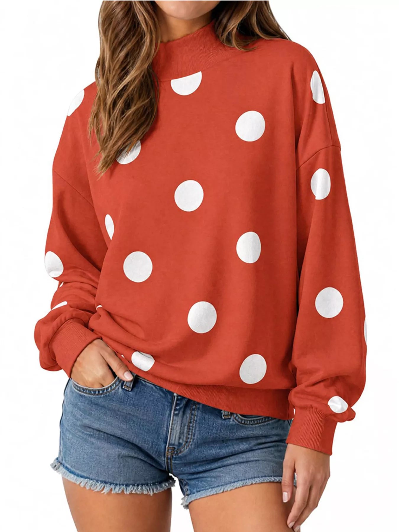 Trendsi Mock Neck Polka Dot Print Oversized Sweatshirt -