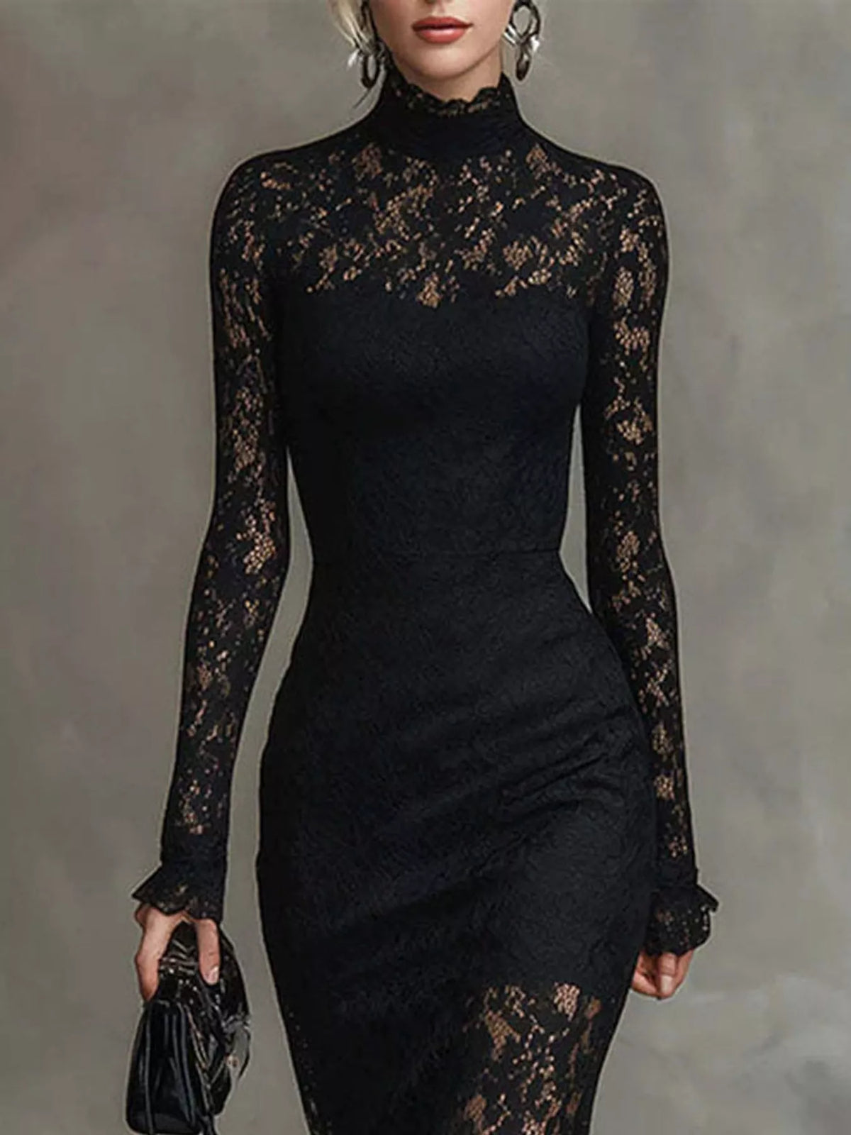 Lace Mock Neck Mermaid Midi Dress, bodice detail