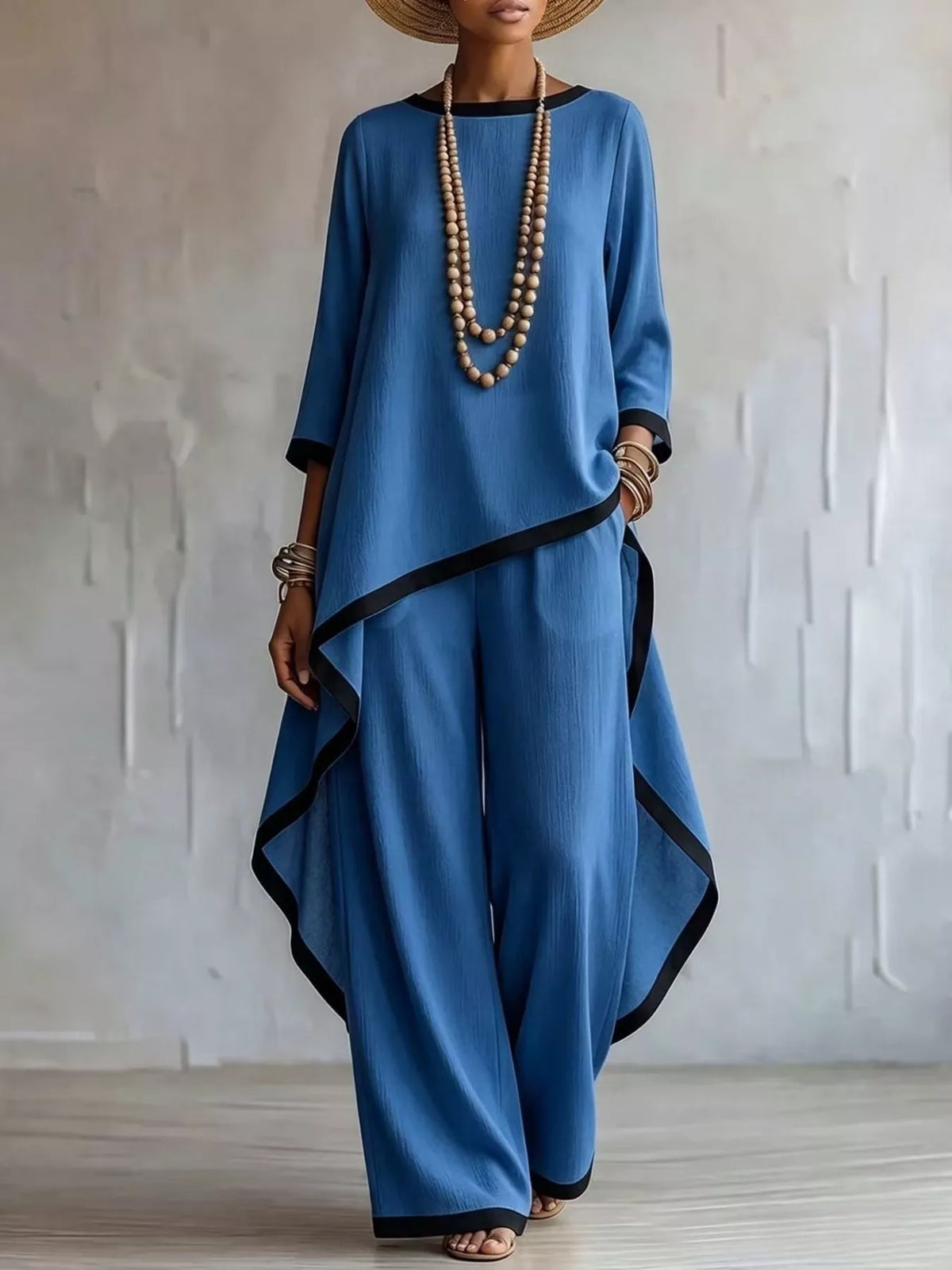 Blue contrast-trim top and pants set, front view