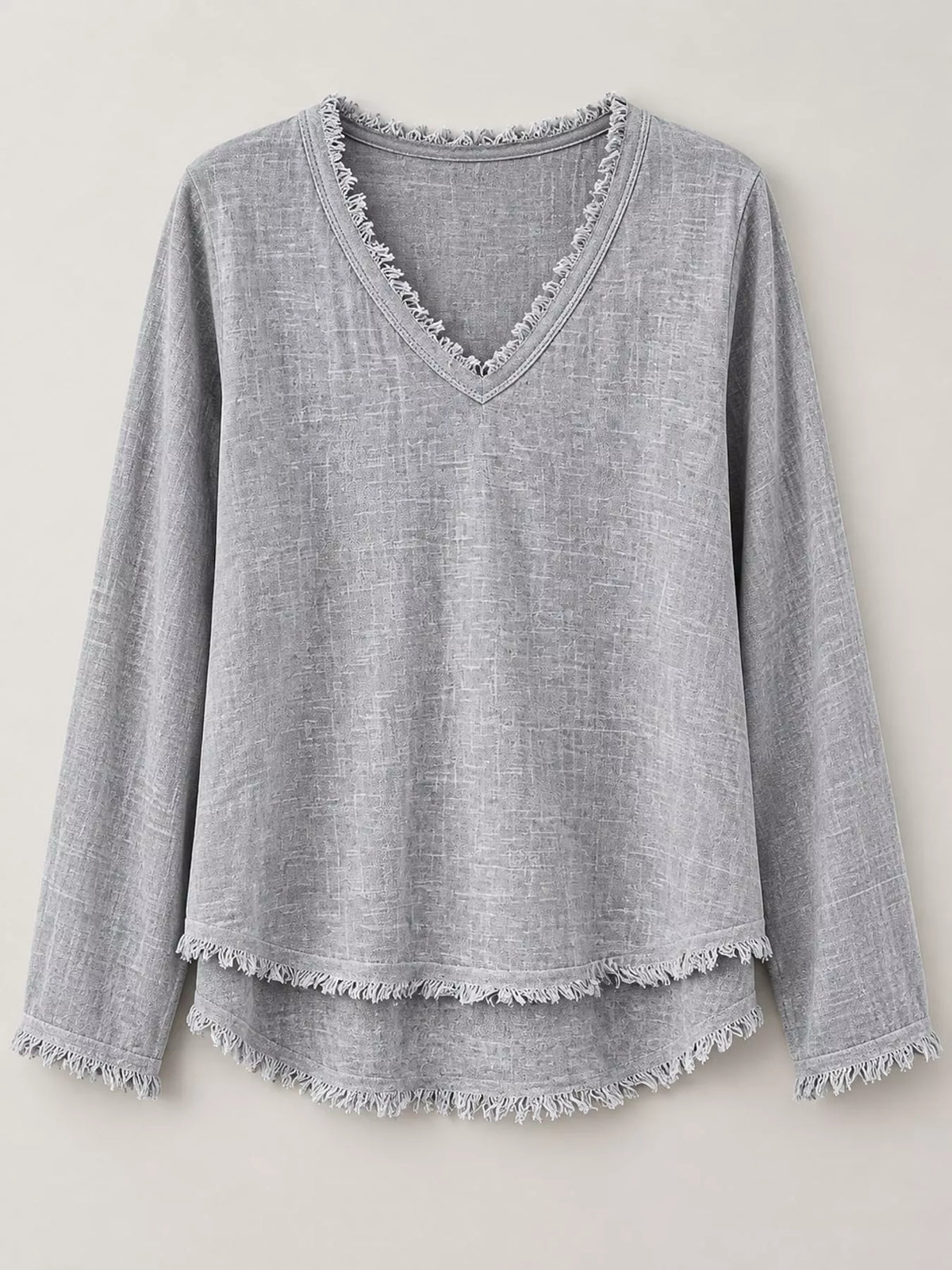 Frayed V-neck blouse, gray flat lay