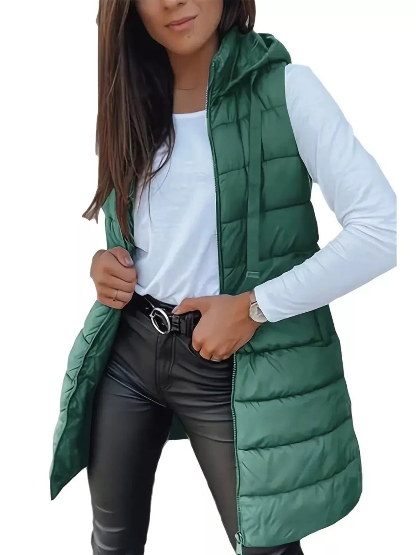Trendsi Zip Up Longline Hooded Puffer Vest Coat -