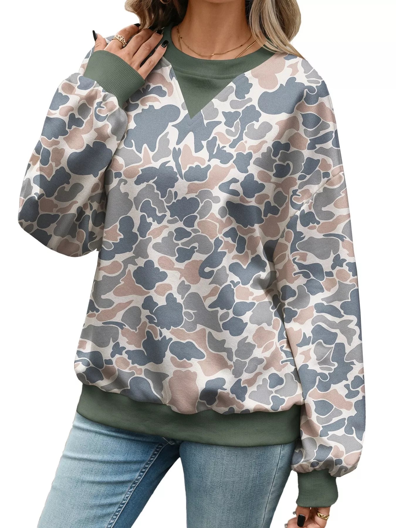 Trendsi Leaf Print Sweatshirt with Contrasting Trim -