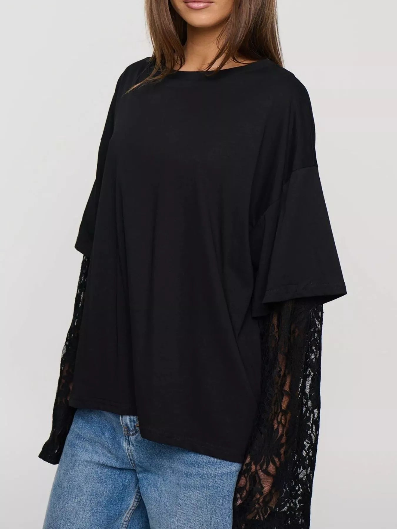 Trendsi Layered Lace-Sleeve T-Shirt -