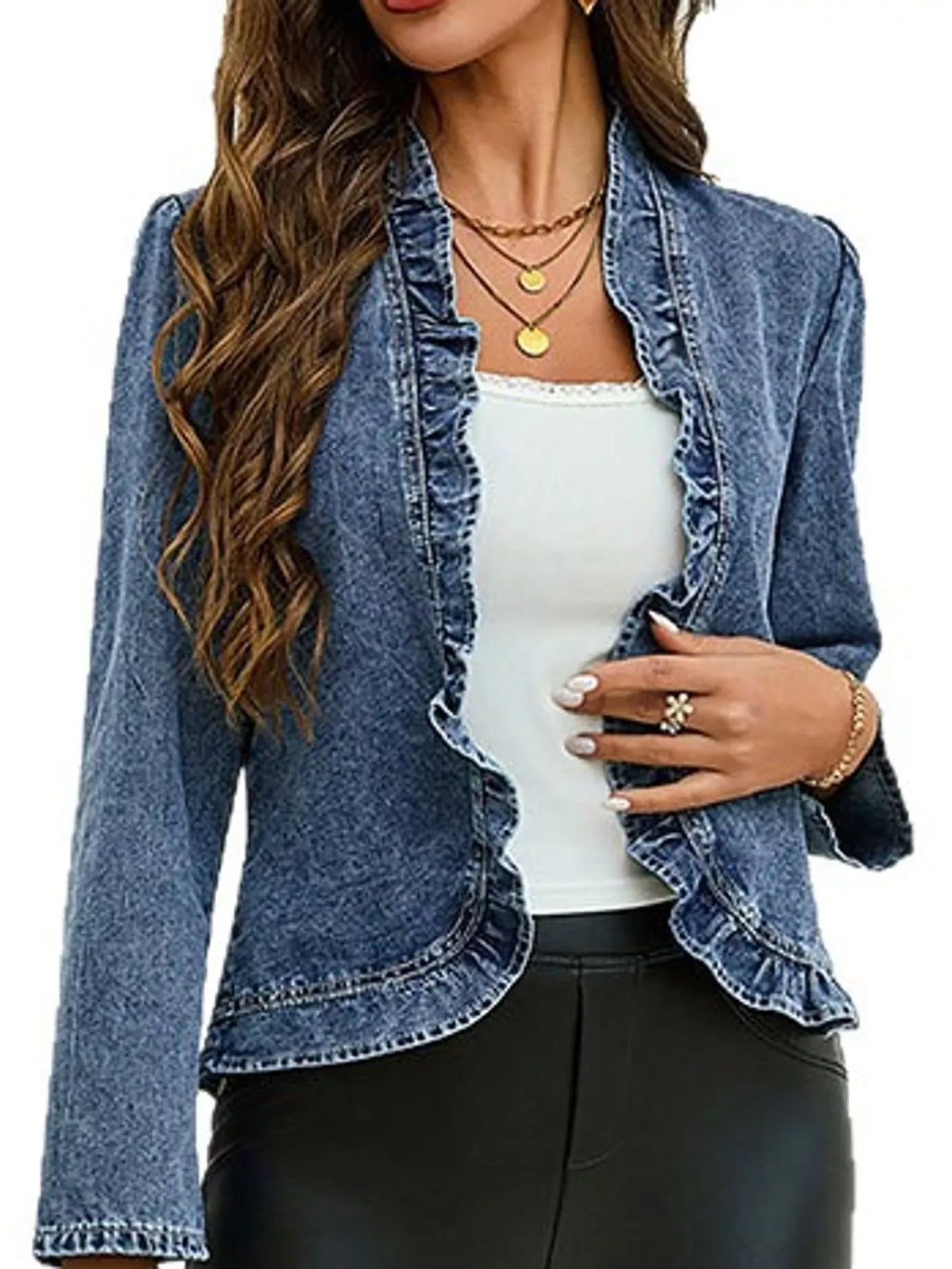 Blue-Denim Jacket ruffle-trim open-front washed denim jacket