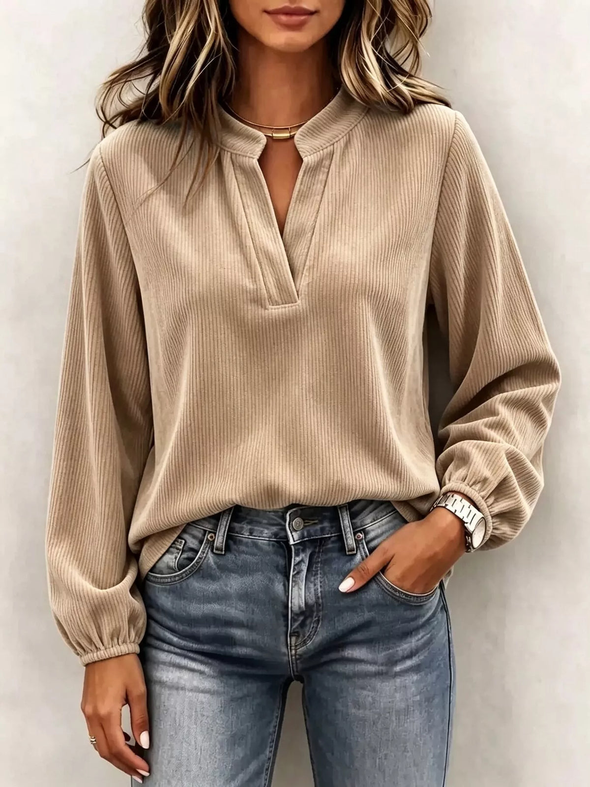 Camel corduroy-look notched long-sleeve top