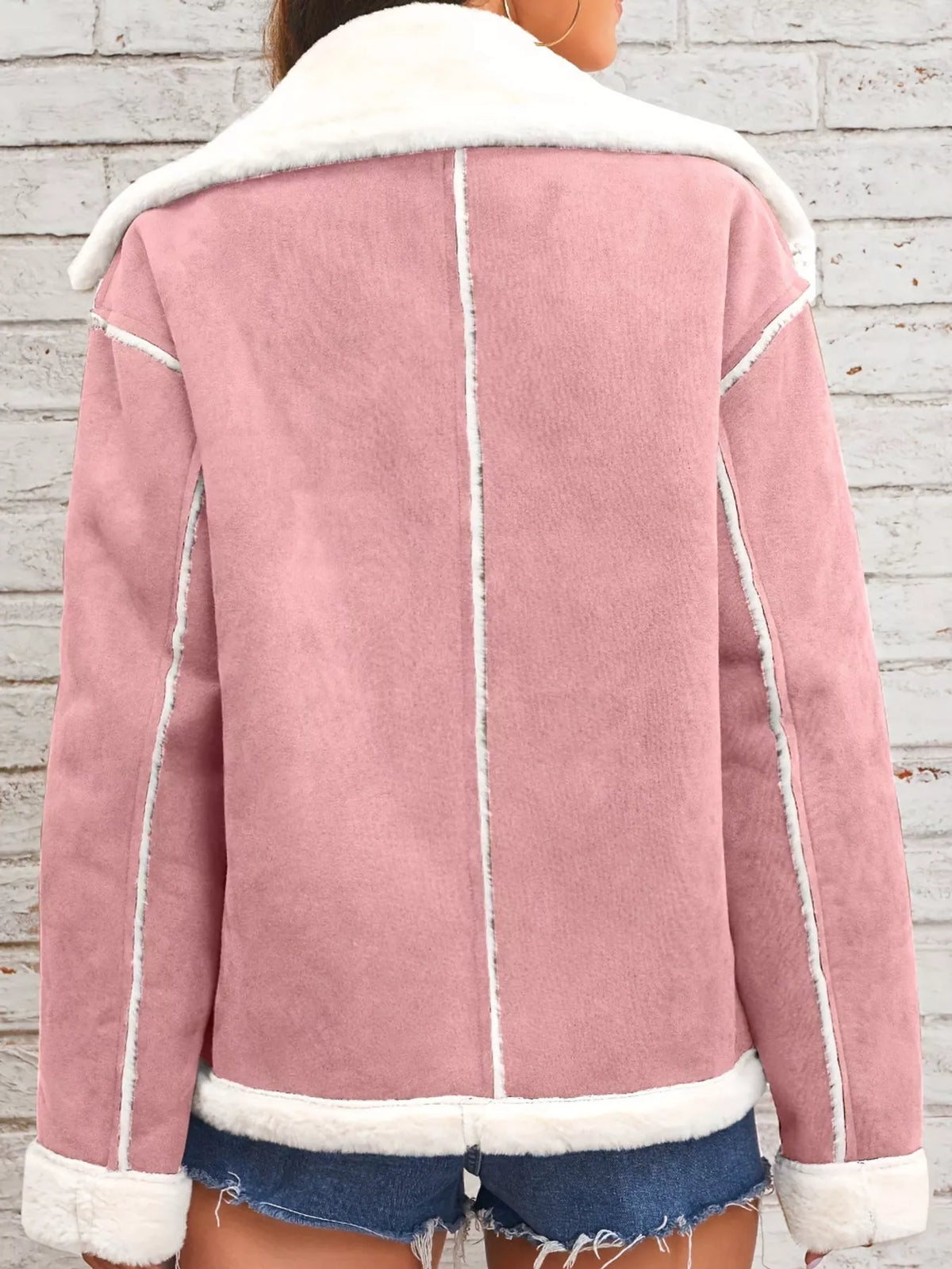 Pink plush-lined button-front jacket — back view
