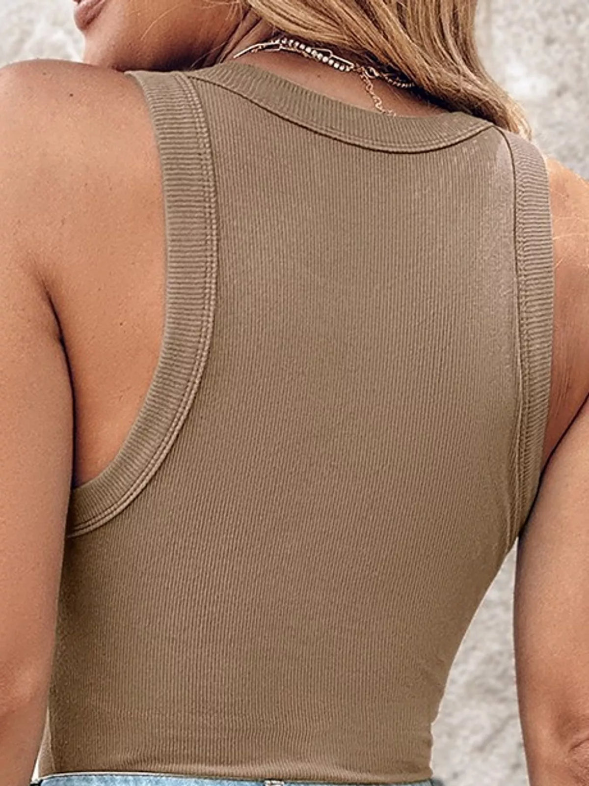 Taupe ribbed knit slim fit tank top, back view