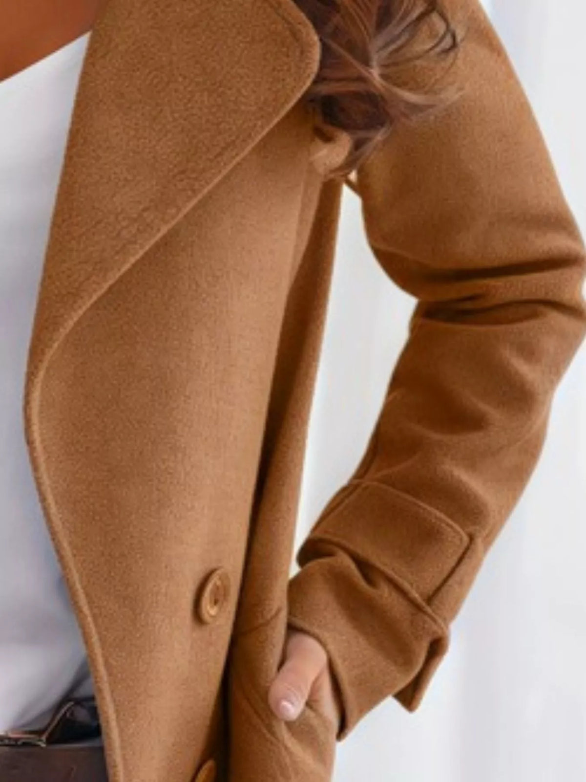 Camel Double-Breasted Long Trench Coat, lapel and pocket detail