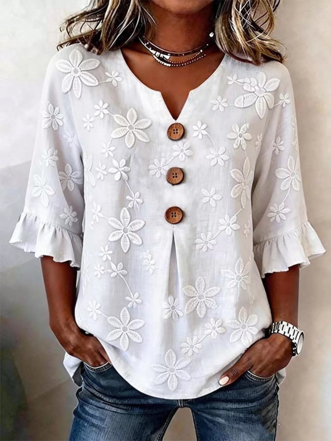 Trendsi Full Size Floral Button Decor 3/4 Sleeve Blouse Plus Size -