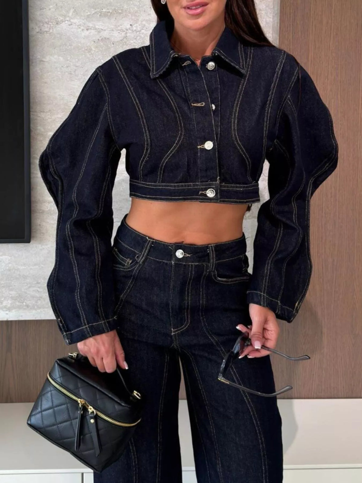 Dark Blue Suit cropped denim jacket and wide-leg jeans set