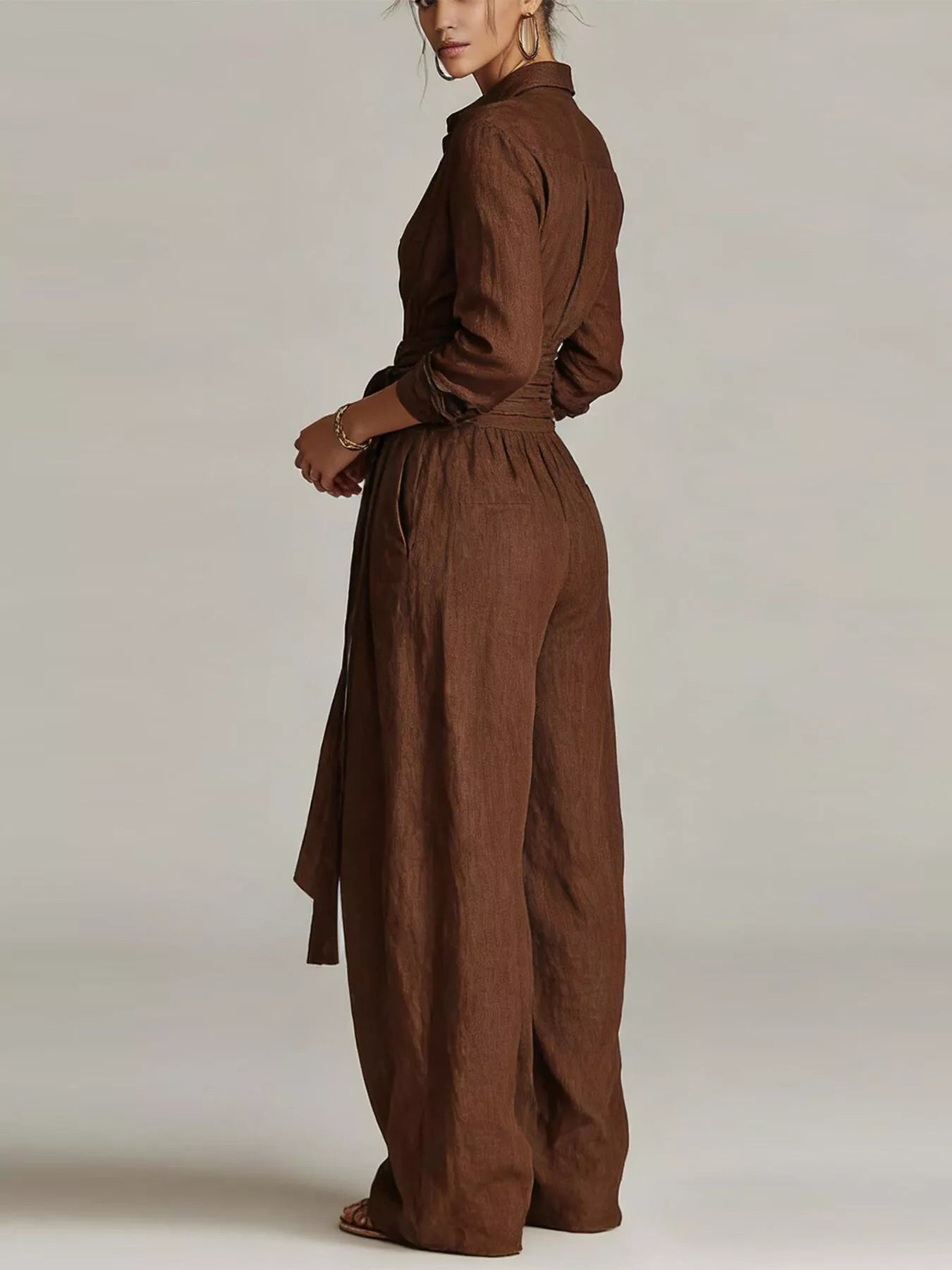 Trendsi Long-Sleeve Button-Down Waist-Tie Jumpsuit -