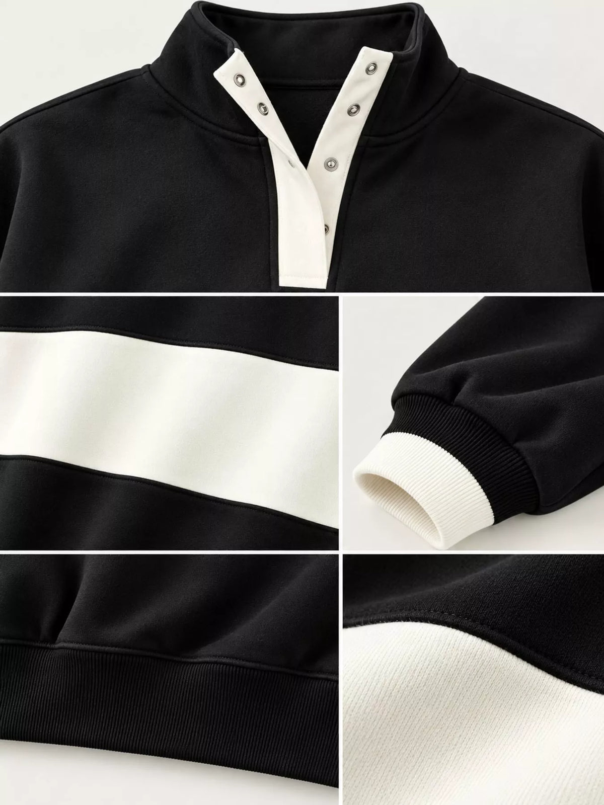 Black and cream color block snap-button sweatshirt, snap neckline, contrast panel, cuff, and hem close-ups